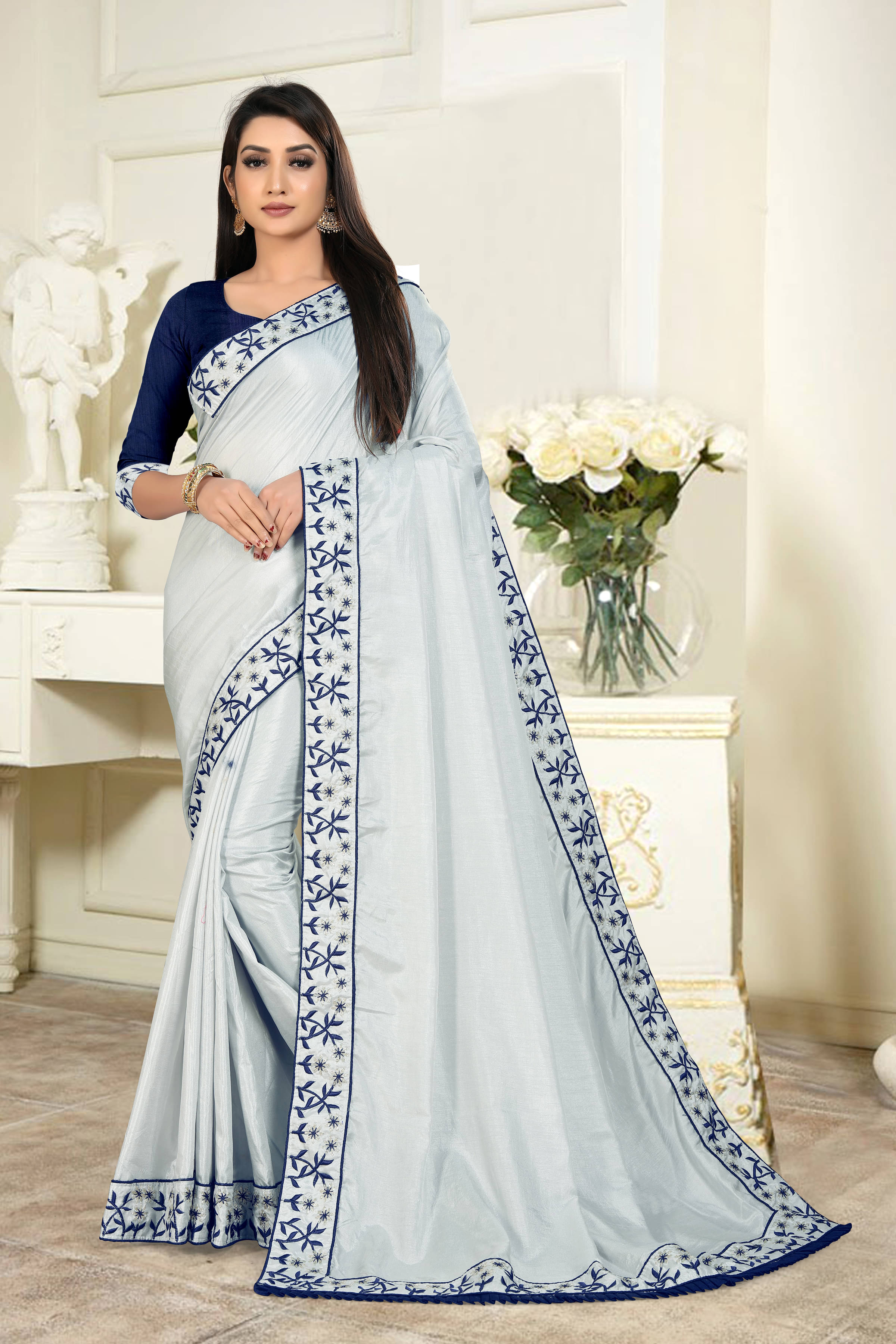 VEDANT VASTRAM Silk Blend Embroidered Saree With Unstitched Blouse Piece ( Grey ) VEDANT VASTRAM Silk Blend Embroidered Saree With Unstitched Blouse Piece ( Grey )