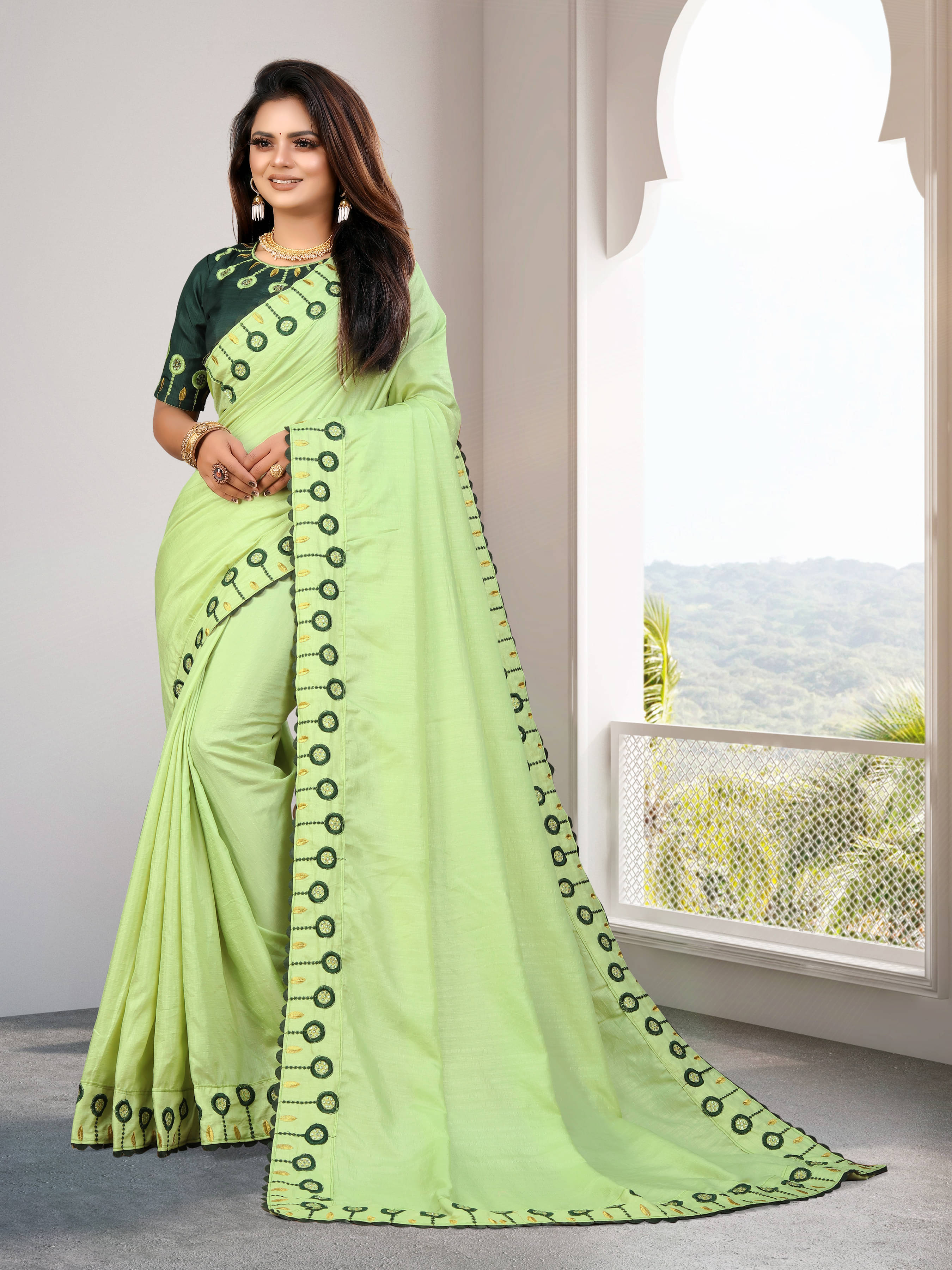VEDANT VASTRAM Silk Blend Embroidered Saree With Unstitched Blouse Piece ( Light Green ) VEDANT VASTRAM Silk Blend Embroidered Saree With Unstitched Blouse Piece ( Light Green )