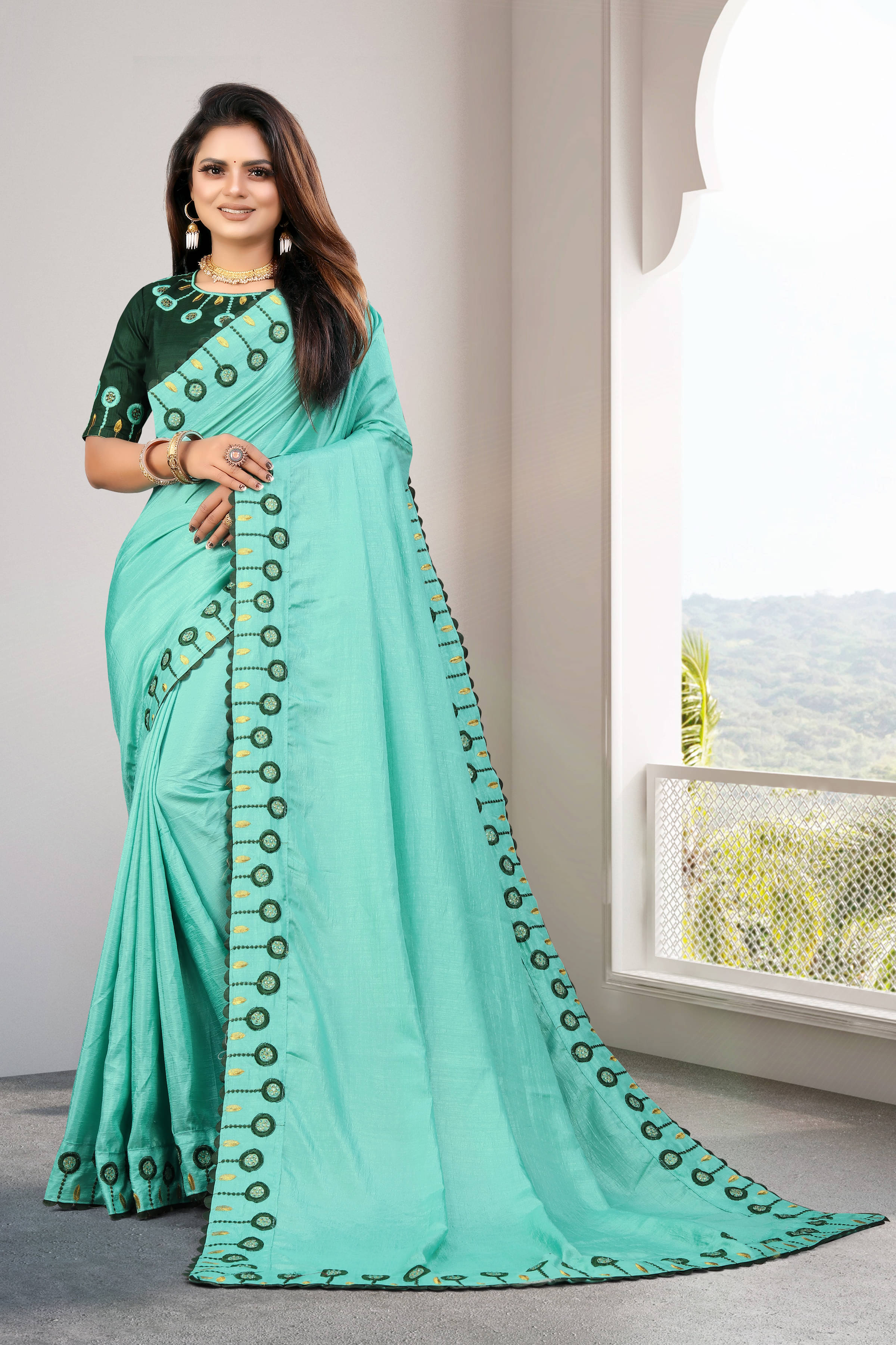 VEDANT VASTRAM Silk Blend Embroidered Saree With Unstitched Blouse Piece ( Light Blue )     			VEDANT VASTRAM Silk Blend Embroidered Saree With Unstitched Blouse Piece ( Light Blue )