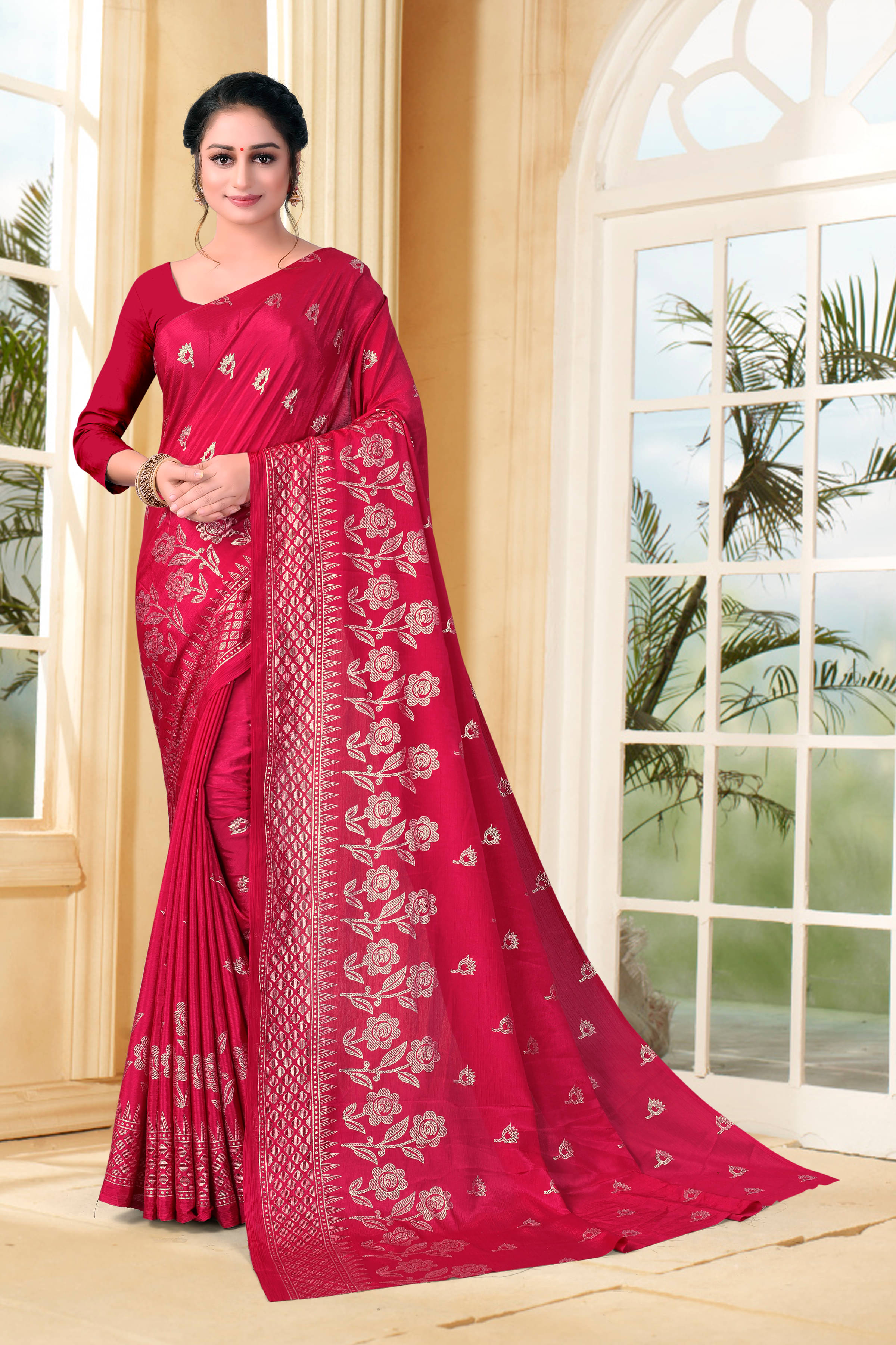     			VEDANT VASTRAM Silk Blend Printed Saree With Unstitched Blouse Piece ( Pink )