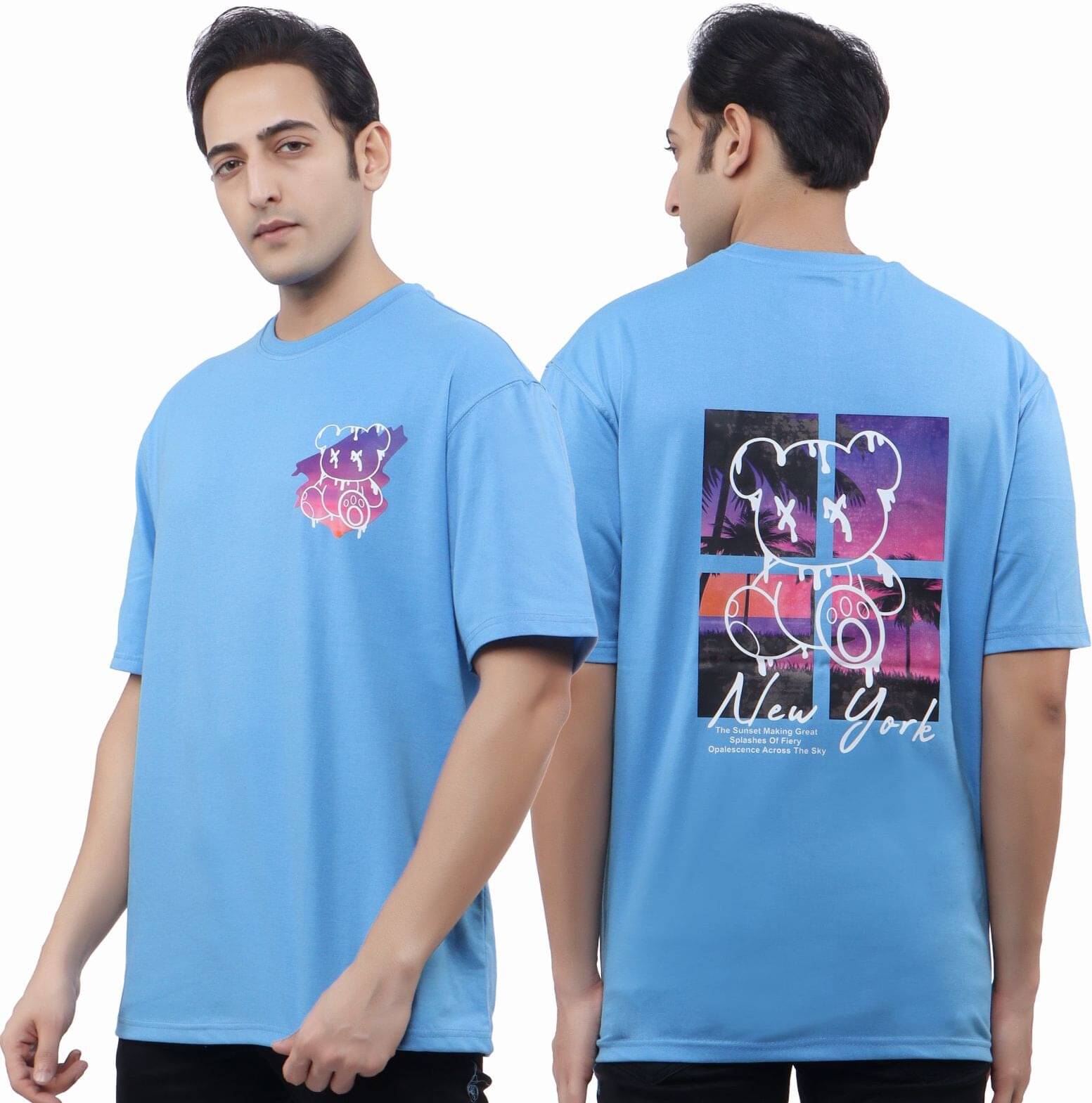 WILD ELEPHANT Cotton Blend Oversized Fit Printed Half Sleeves Men's Round T-Shirt - Light Blue ( Pack of 1 ) WILD ELEPHANT Cotton Blend Oversized Fit Printed Half Sleeves Men's Round T-Shirt - Light Blue ( Pack of 1 )