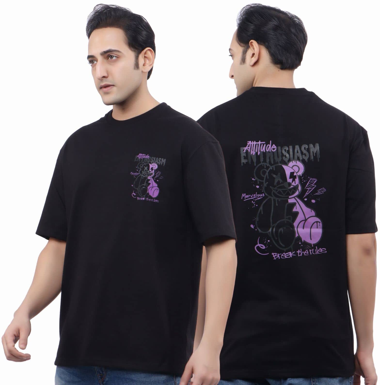 WILD ELEPHANT Cotton Blend Oversized Fit Printed Half Sleeves Men's Round T-Shirt - Black ( Pack of 1 )