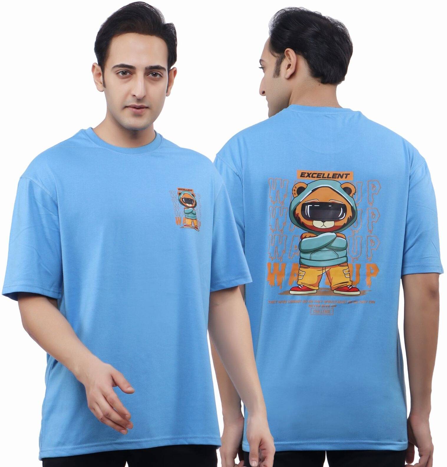 WILD ELEPHANT Cotton Blend Oversized Fit Printed Half Sleeves Men's Round T-Shirt - Light Blue ( Pack of 1 ) WILD ELEPHANT Cotton Blend Oversized Fit Printed Half Sleeves Men's Round T-Shirt - Light Blue ( Pack of 1 )