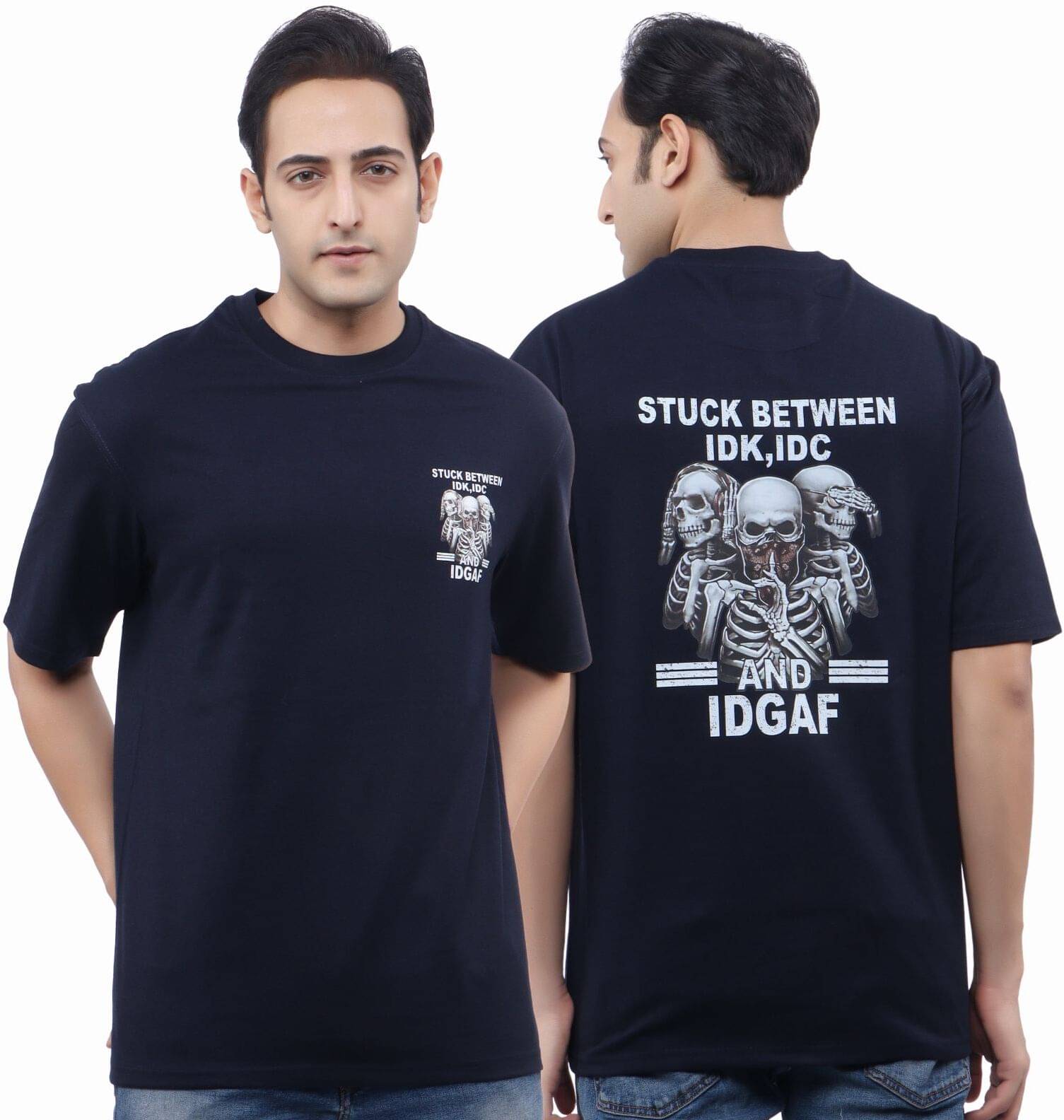 WILD ELEPHANT Cotton Blend Oversized Fit Printed 3/4th Sleeves Men's Round T-Shirt - Navy Blue ( Pack of 1 )     			WILD ELEPHANT Cotton Blend Oversized Fit Printed 3/4th Sleeves Men's Round T-Shirt - Navy Blue ( Pack of 1 )