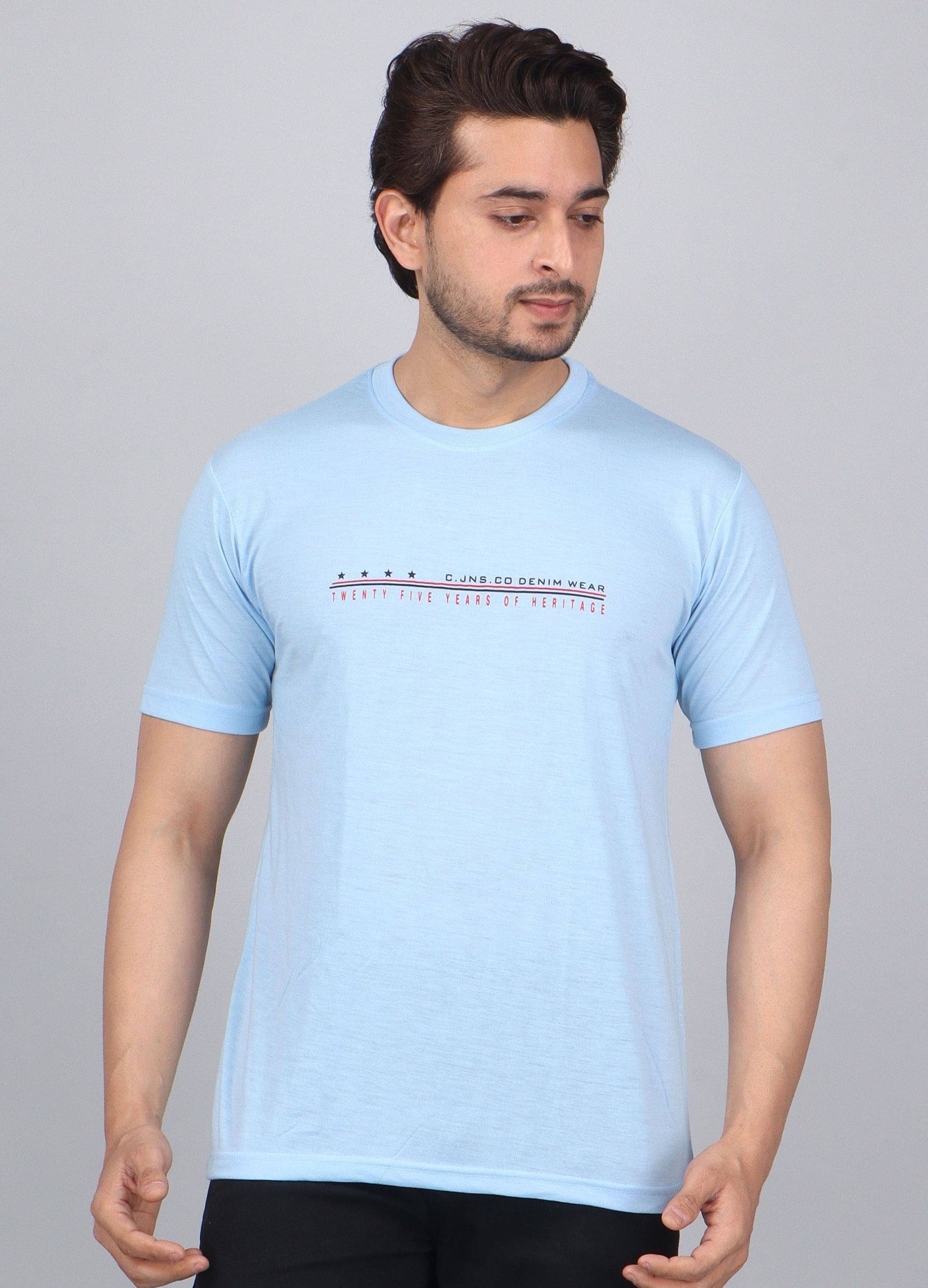 WILD ELEPHANT Cotton Blend Regular Fit Printed Half Sleeves Men's Round T-Shirt - Light Blue ( Pack of 1 ) WILD ELEPHANT Cotton Blend Regular Fit Printed Half Sleeves Men's Round T-Shirt - Light Blue ( Pack of 1 )