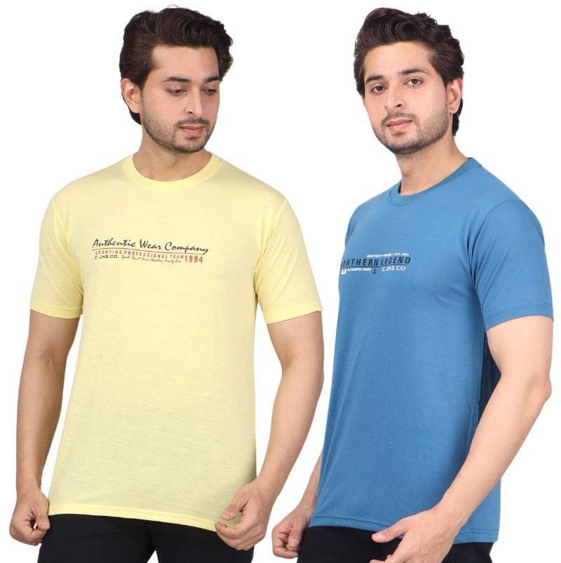 WILD ELEPHANT Polyester Regular Fit Printed Half Sleeves Men's Round T-Shirt - Multicolor ( Pack of 2 ) WILD ELEPHANT Polyester Regular Fit Printed Half Sleeves Men's Round T-Shirt - Multicolor ( Pack of 2 )