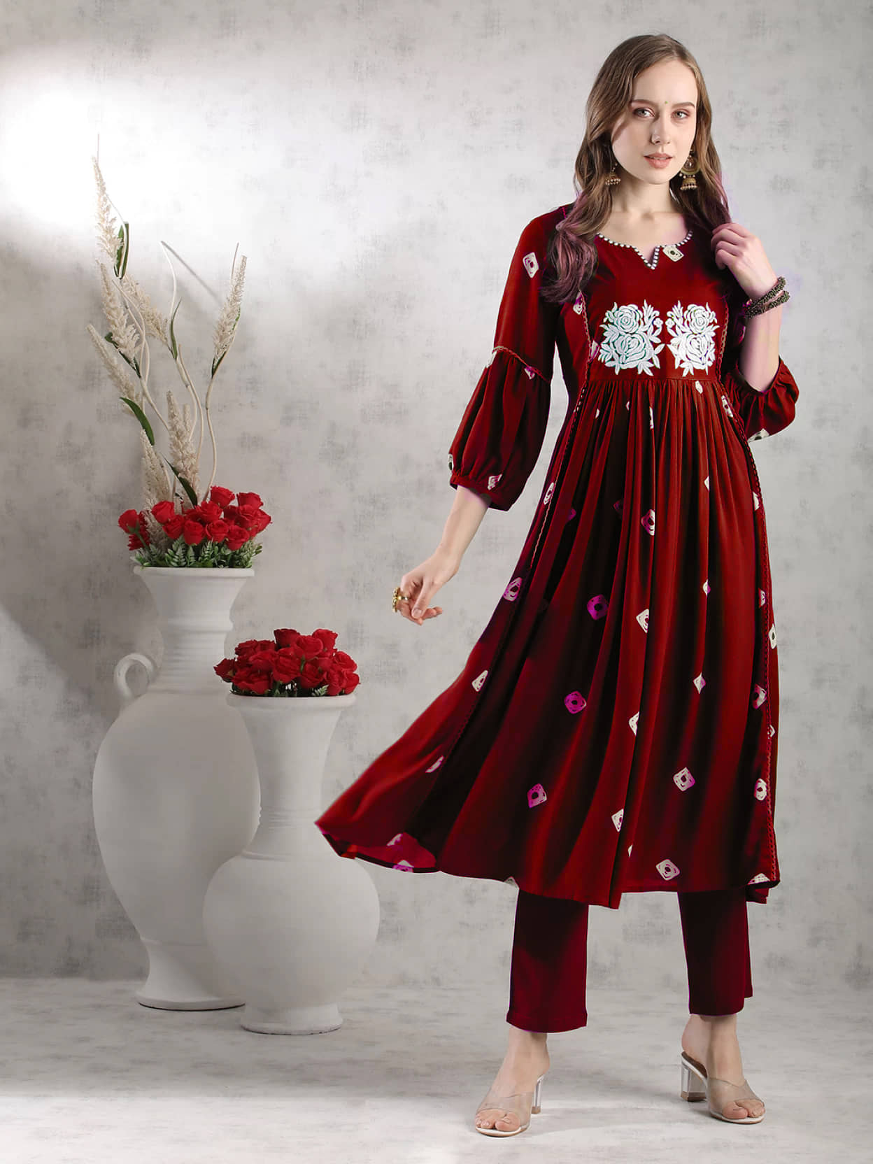 anushansa Rayon Embroidered Kurti With Pants Women's Stitched Salwar Suit - Maroon ( Pack of 1 )