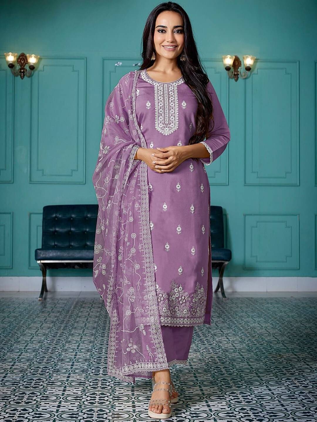anushansa Silk Blend Embroidered Kurti With Pants Women's Stitched Salwar Suit - Purple ( Pack of 1 ) anushansa Silk Blend Embroidered Kurti With Pants Women's Stitched Salwar Suit - Purple ( Pack of 1 )