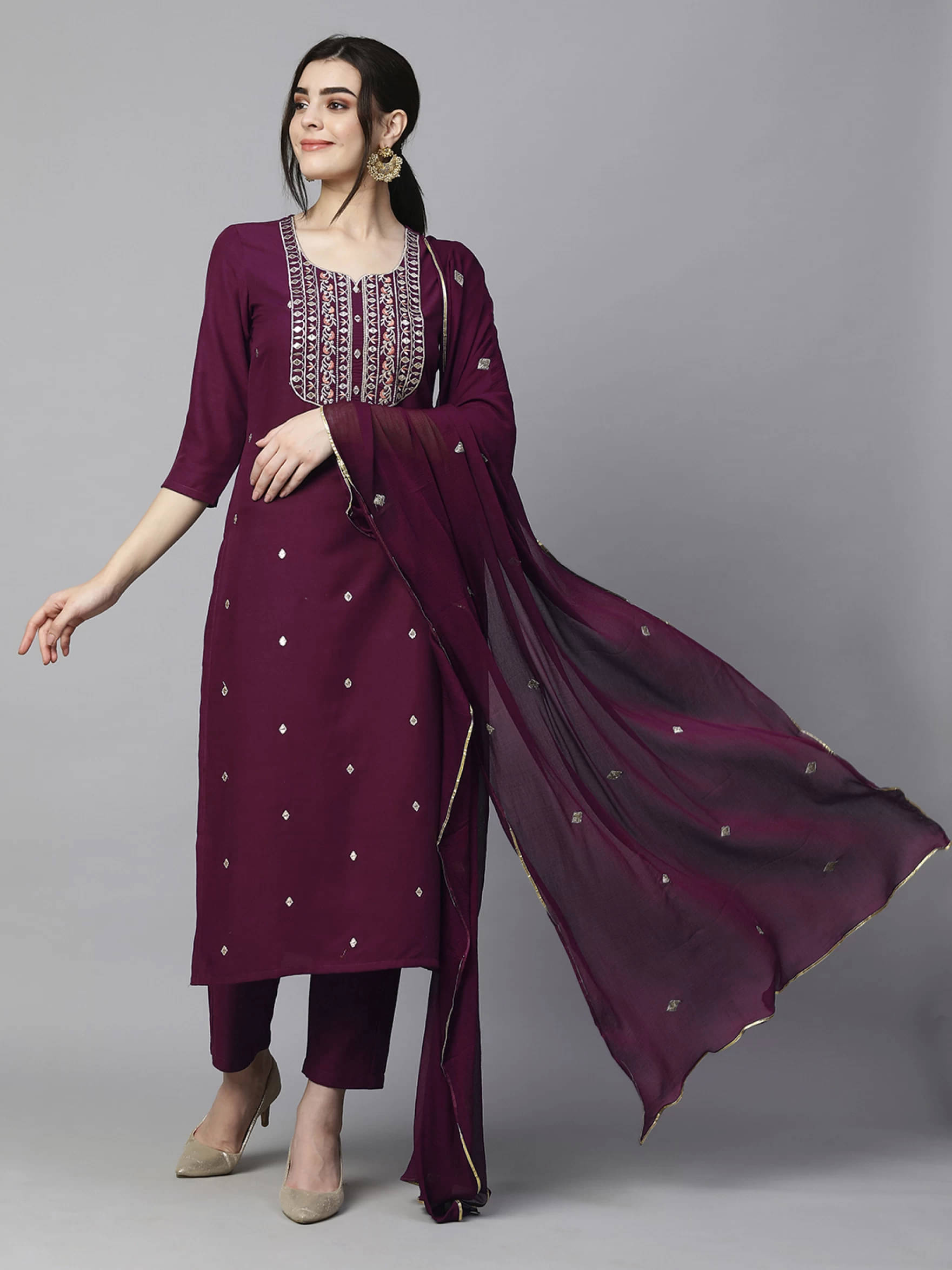     			anushansa Silk Blend Embroidered Kurti With Pants Women's Stitched Salwar Suit - Wine ( Pack of 1 )