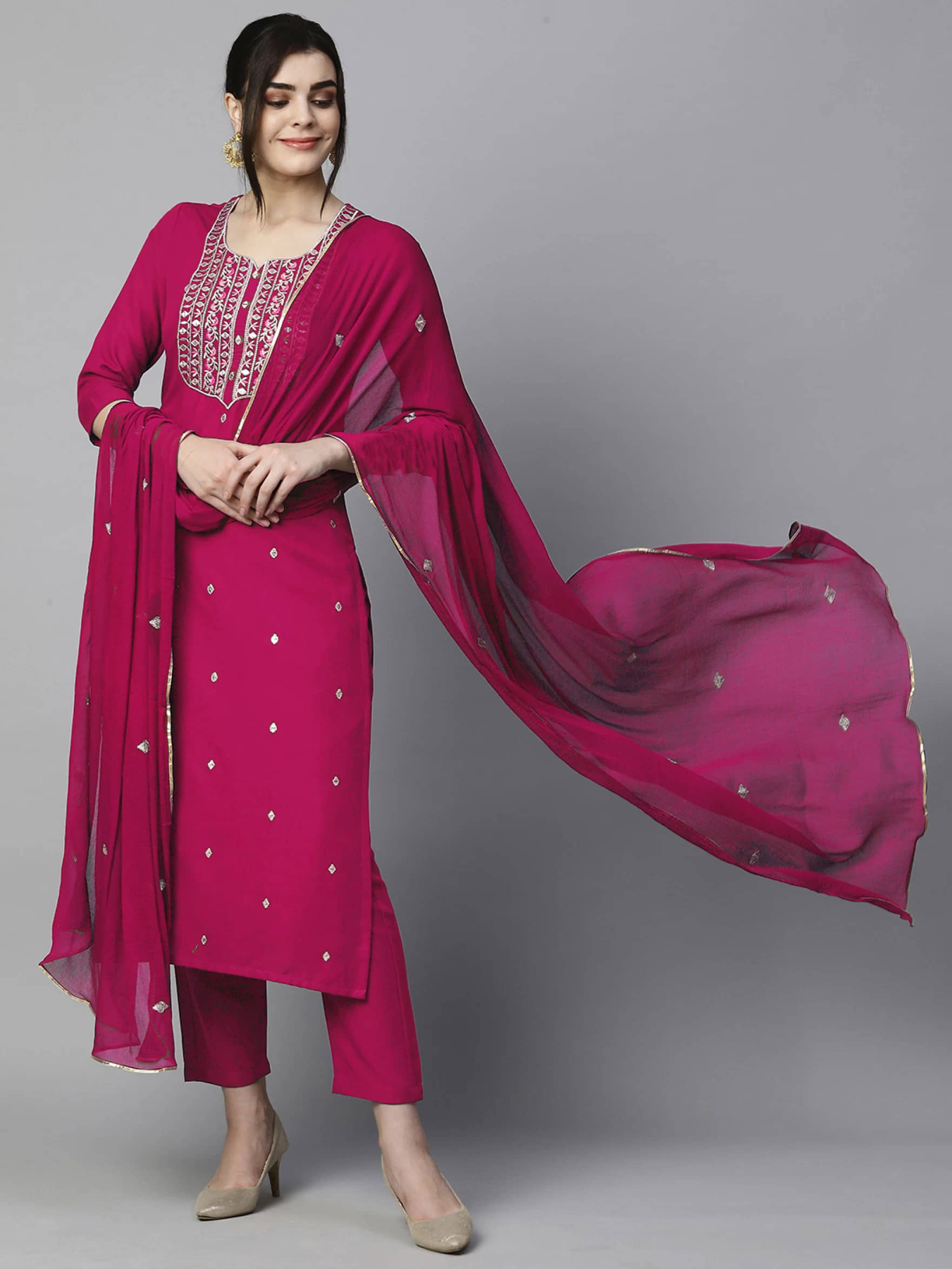 anushansa Silk Blend Embroidered Kurti With Pants Women's Stitched Salwar Suit - Pink ( Pack of 1 )