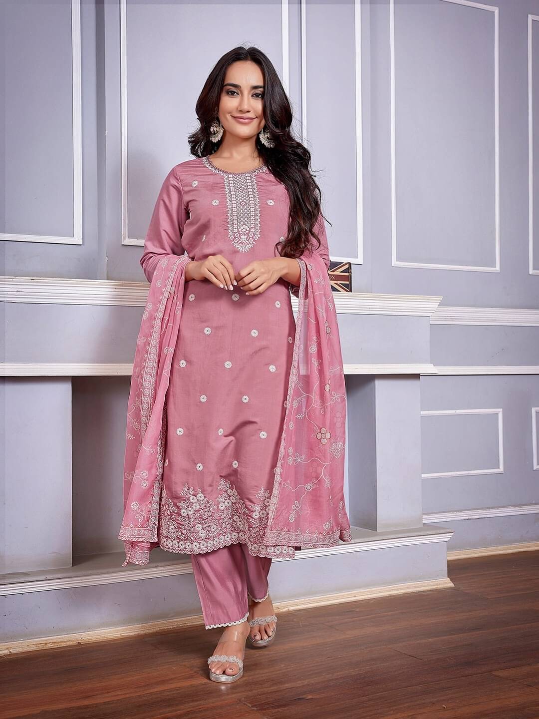 anushansa Silk Blend Embroidered Kurti With Pants Women's Stitched Salwar Suit - Pink ( Pack of 1 ) anushansa Silk Blend Embroidered Kurti With Pants Women's Stitched Salwar Suit - Pink ( Pack of 1 )