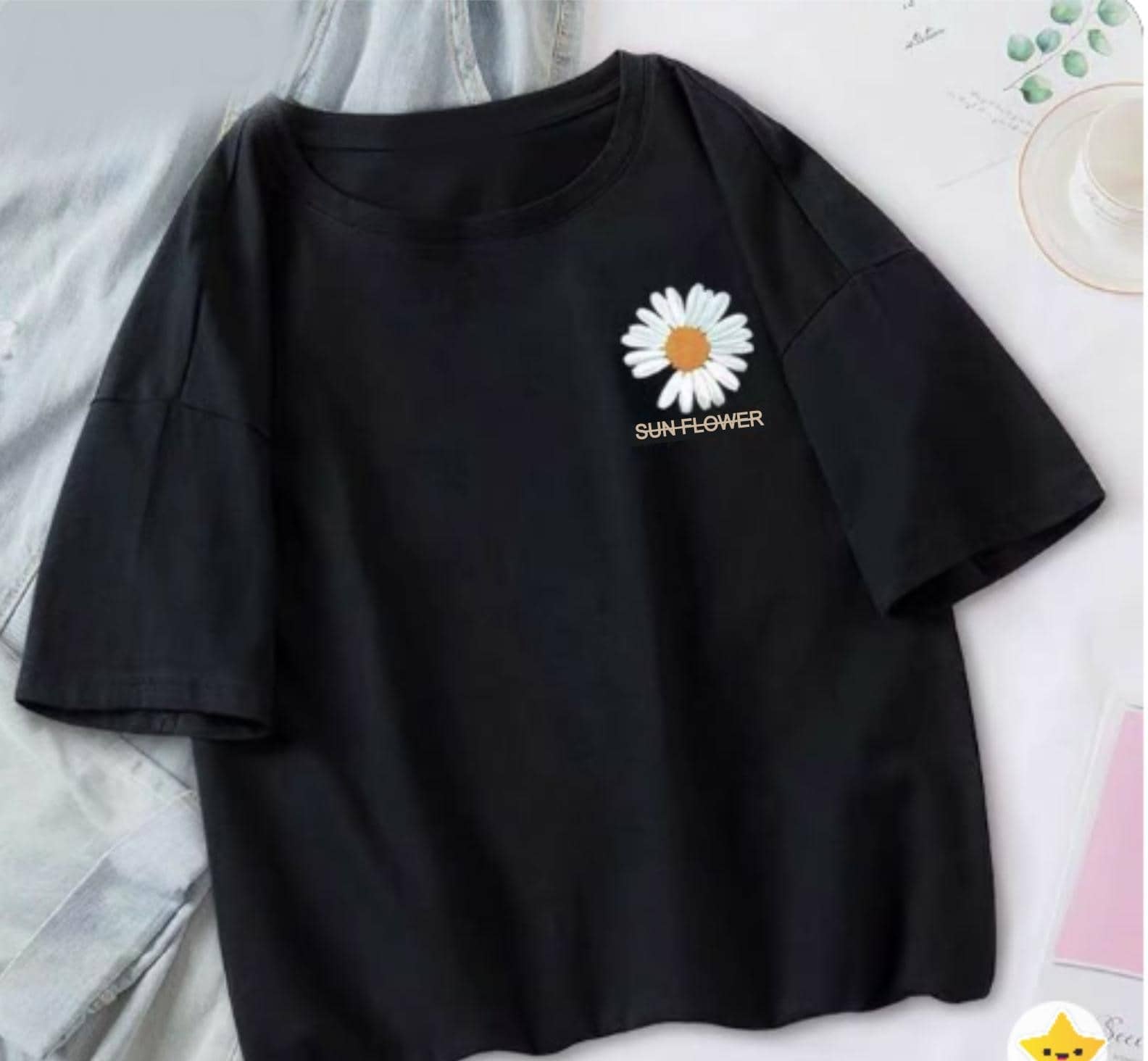 ekadravin Women Cotton Printed Oversized Fit Round Neck T-Shirt ( Black )