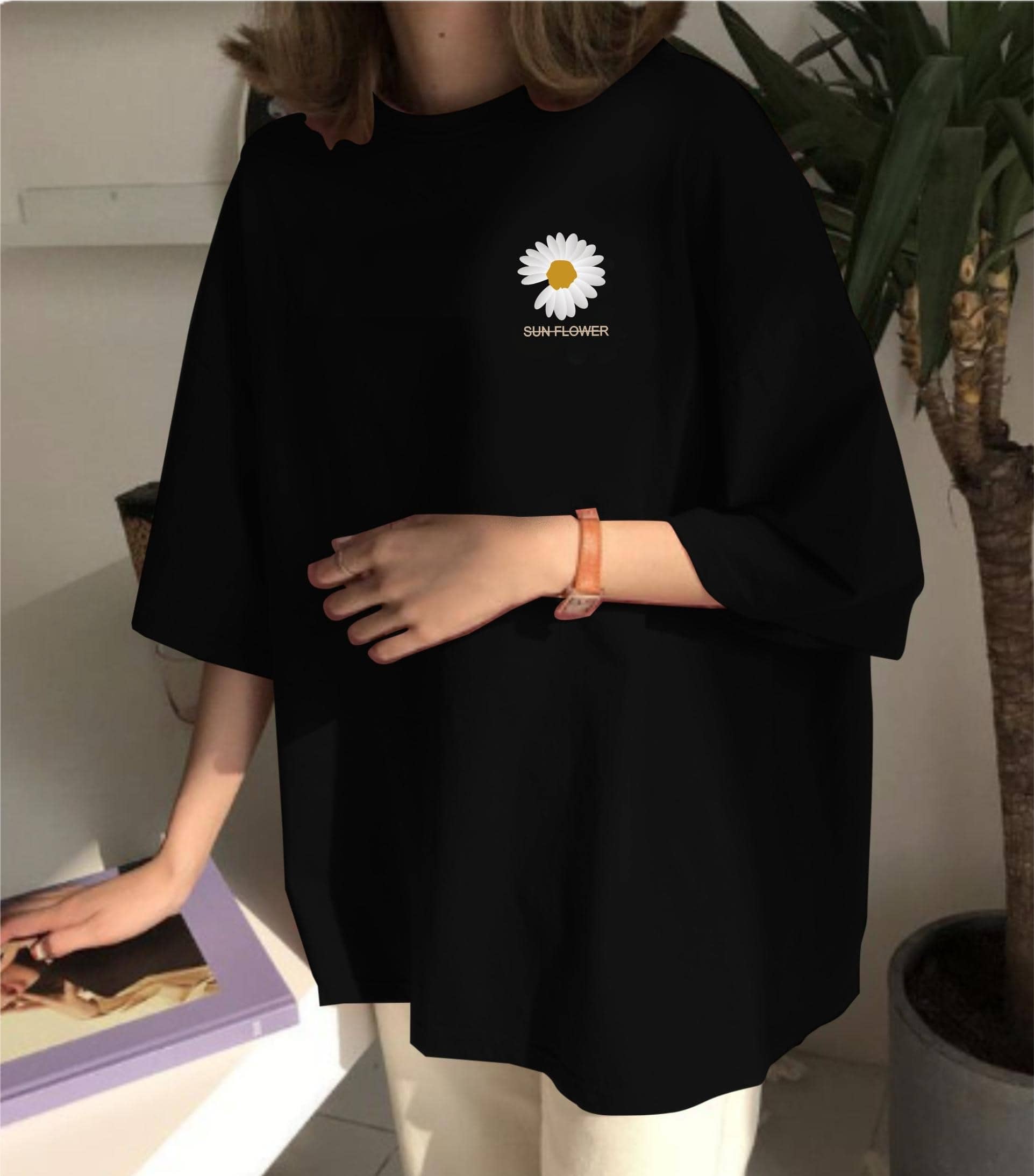 ekadravin Women Cotton Printed Oversized Fit Round Neck T-Shirt ( Black )