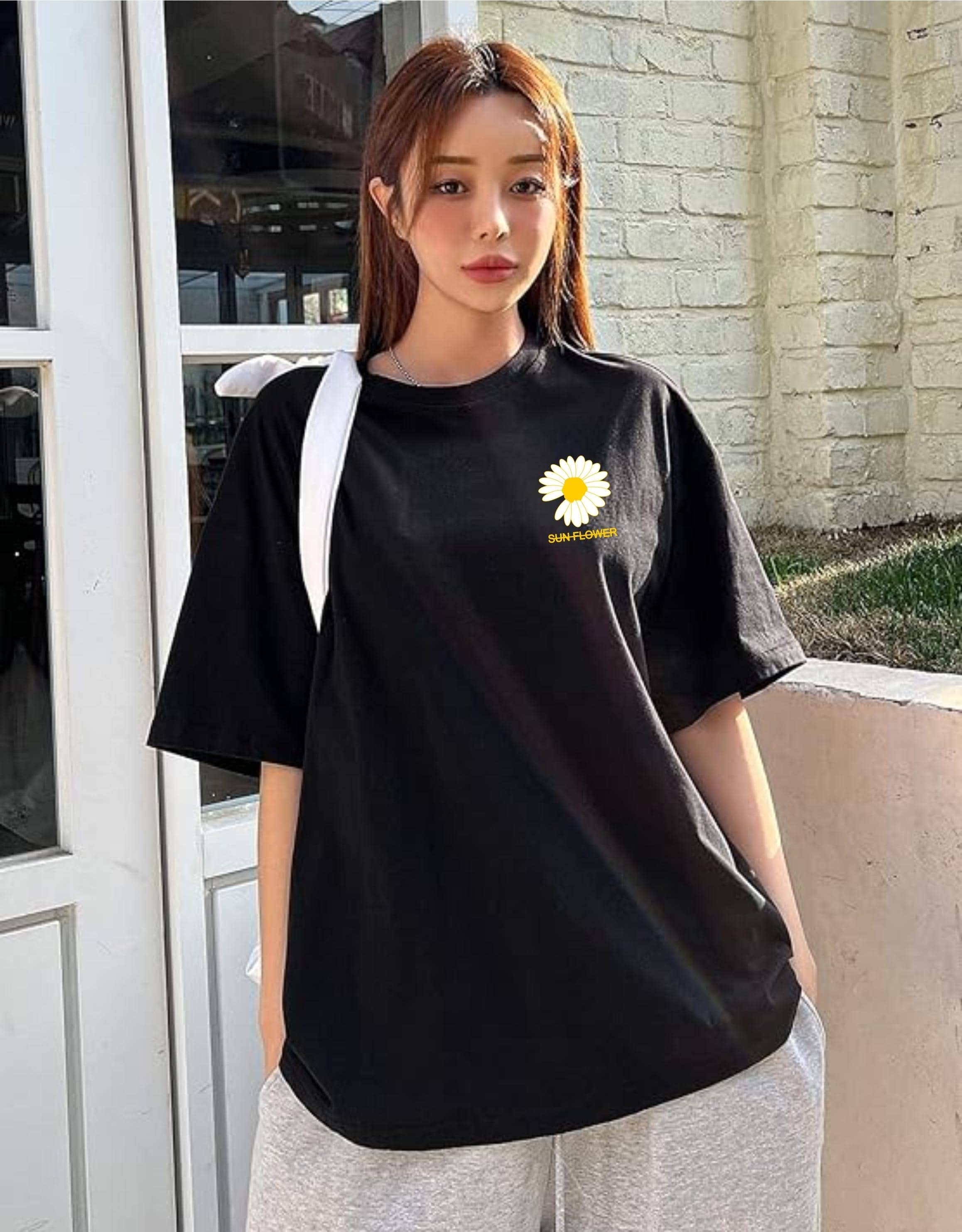 ekadravin Women Cotton Printed Oversized Fit Round Neck T-Shirt ( Black )