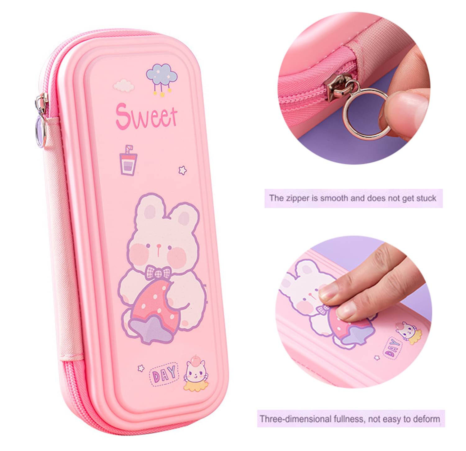     			3Mads  Rabbit Theme Layered Design Pink Zip Open Pencil Pouch Bag