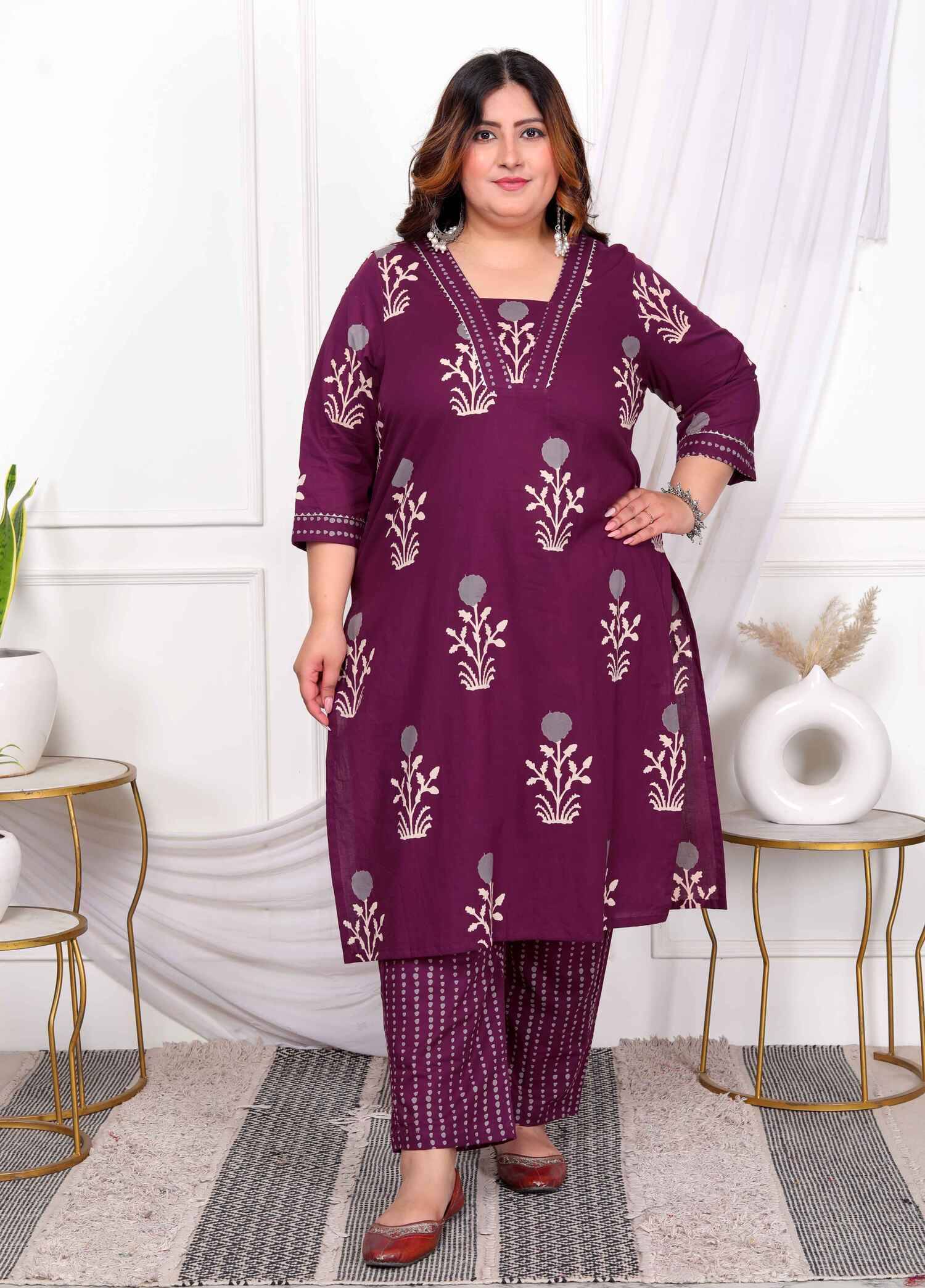     			Angiya Cotton Printed Kurti With Pants Women's Stitched Salwar Suit - Purple ( Pack of 1 )