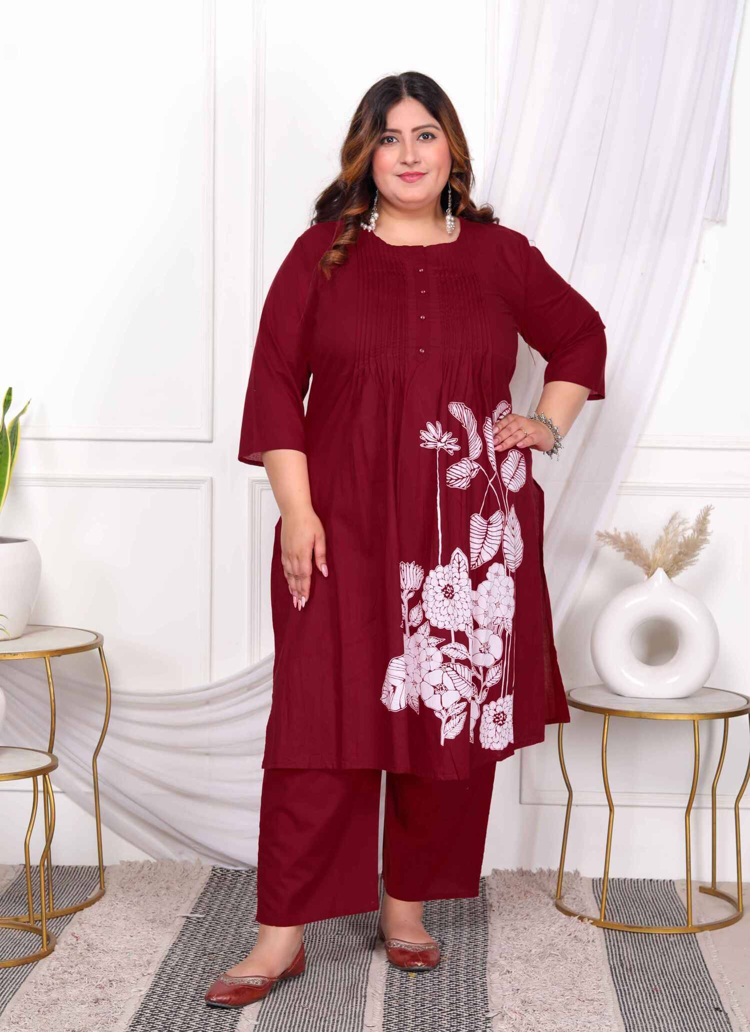 Angiya Cotton Printed Kurti With Palazzo Women's Stitched Salwar Suit - Wine ( Pack of 1 ) Angiya Cotton Printed Kurti With Palazzo Women's Stitched Salwar Suit - Wine ( Pack of 1 )