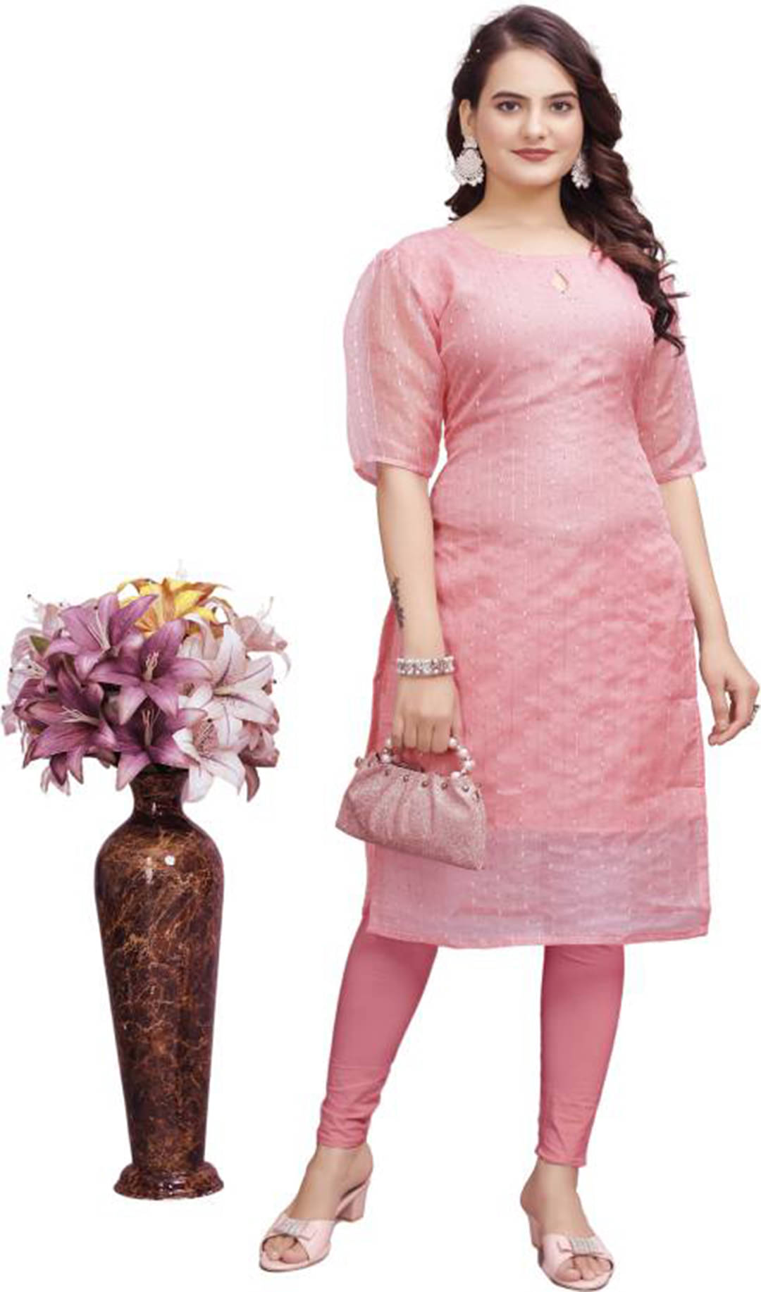     			BOUGHT FIRST Pack of 1 Organza Embroidered Straight Women's Kurti - ( Pink )