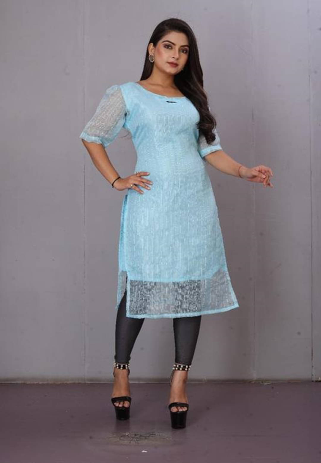 BOUGHT FIRST Pack of 1 Organza Embroidered Straight Women's Kurti - ( Light Blue ) BOUGHT FIRST Pack of 1 Organza Embroidered Straight Women's Kurti - ( Light Blue )