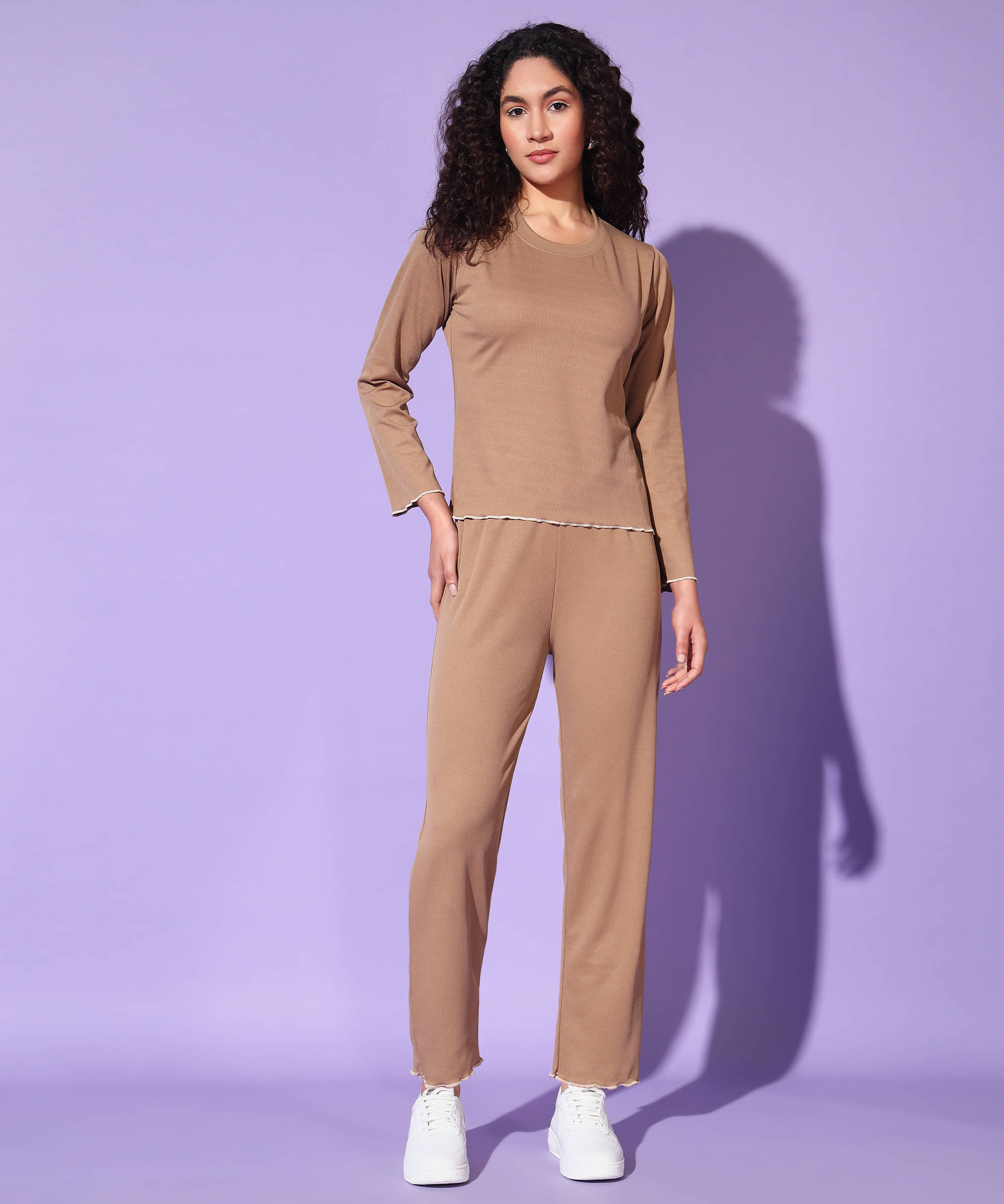 Christy World Women Solid T-Shirt With Trousers Co-Ord Set ( Beige )     			Christy World Women Solid T-Shirt With Trousers Co-Ord Set ( Beige )