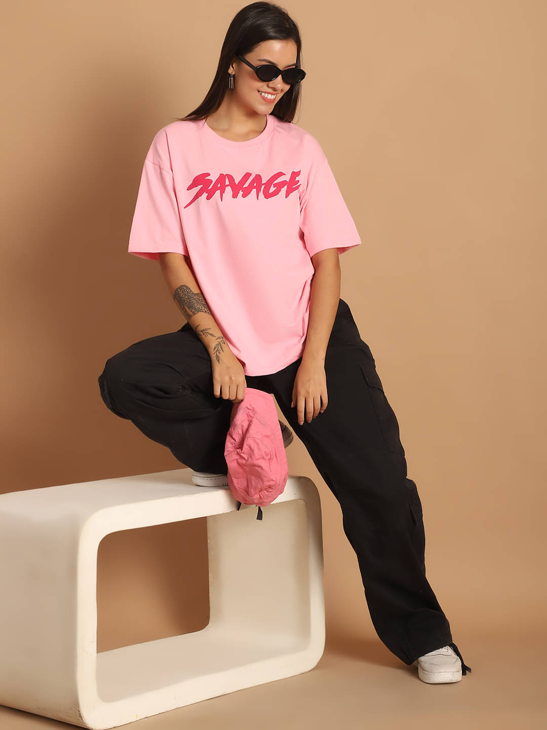 Fabflee Women Cotton Printed Oversized Fit Round Neck T-Shirt ( Pink ) Fabflee Women Cotton Printed Oversized Fit Round Neck T-Shirt ( Pink )