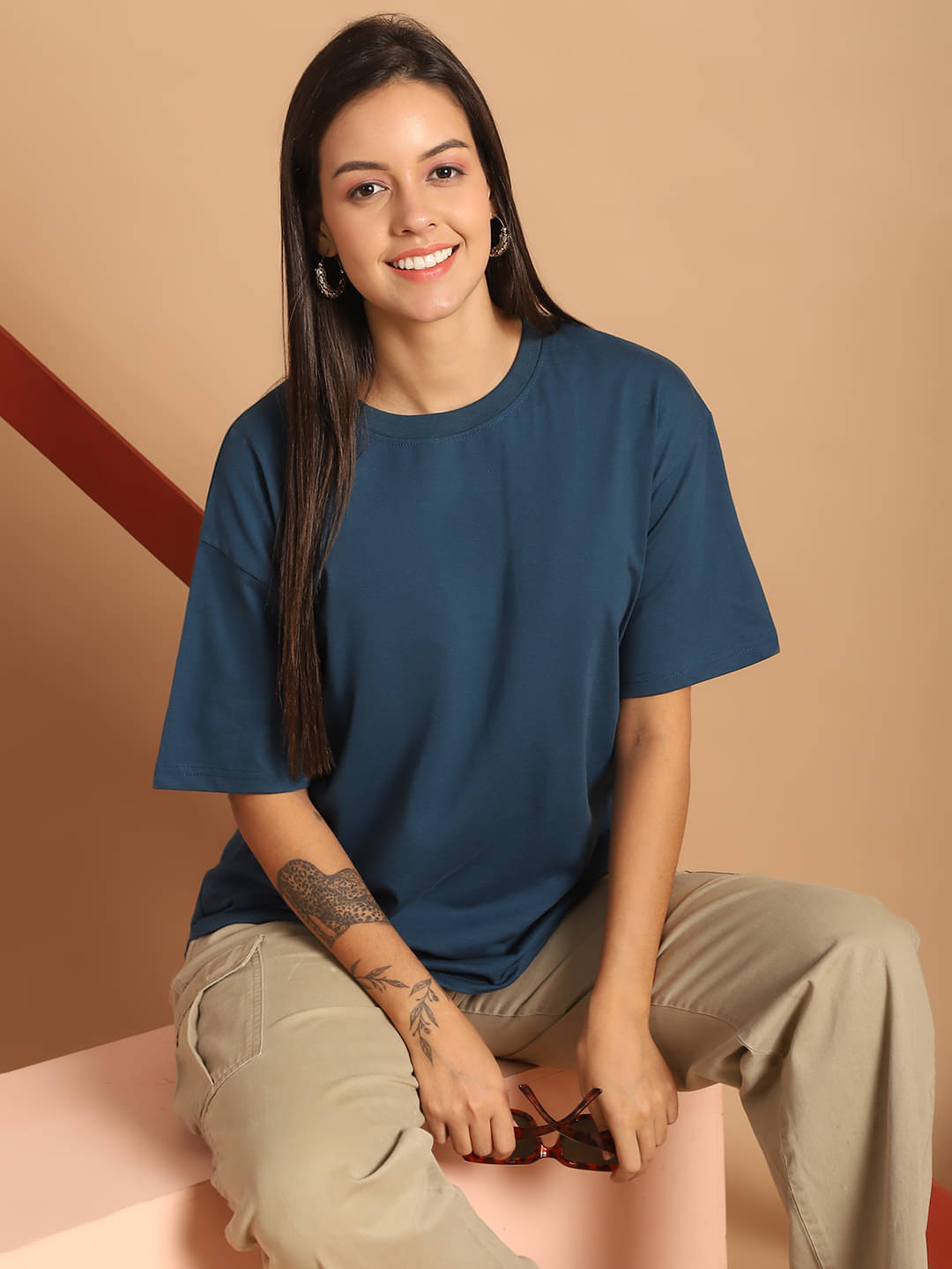     			Fabflee Women Cotton Printed Oversized Fit Round Neck T-Shirt ( Blue )