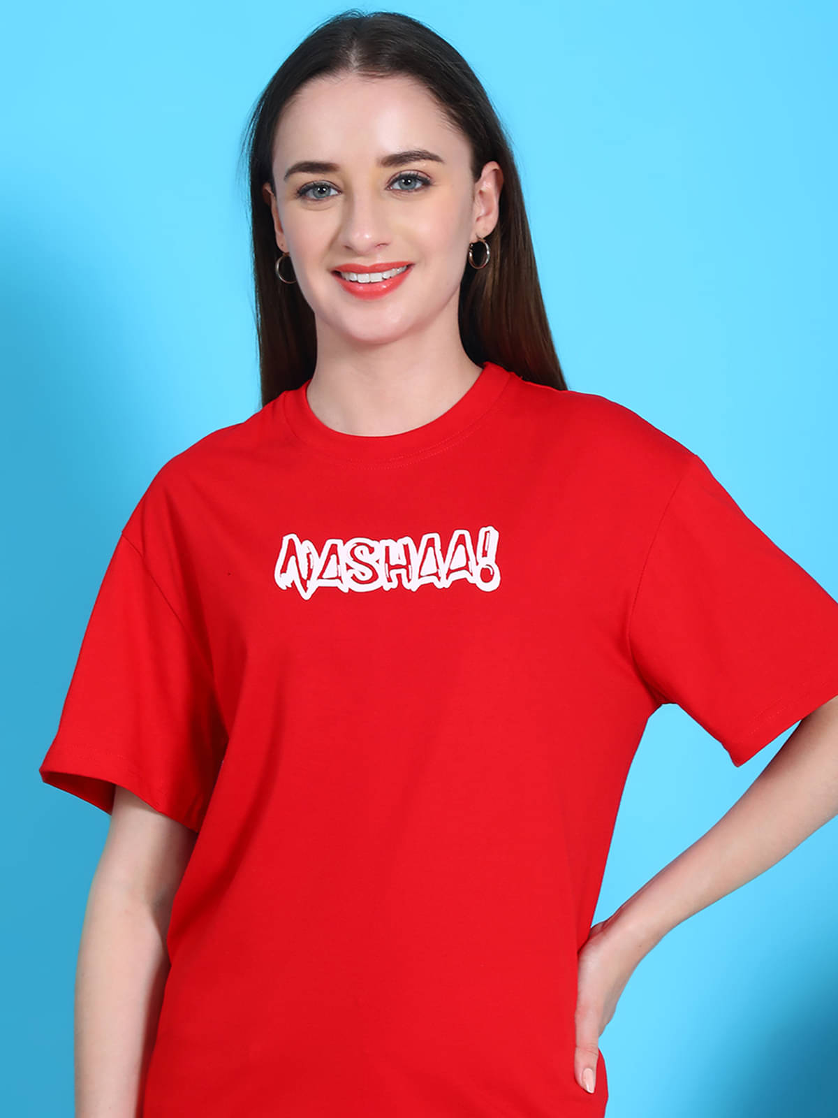 Fabflee Women Cotton Printed Oversized Fit Round Neck T-Shirt ( Red ) Fabflee Women Cotton Printed Oversized Fit Round Neck T-Shirt ( Red )