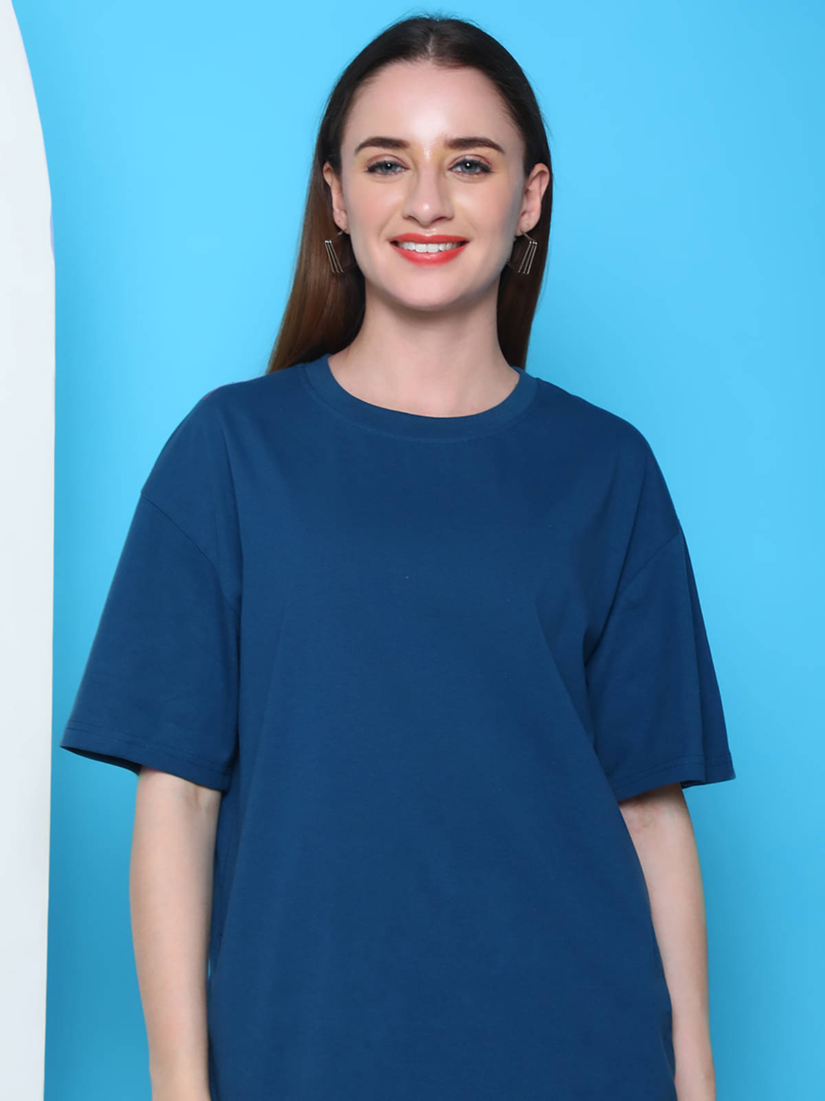     			Fabflee Women Cotton Printed Oversized Fit Round Neck T-Shirt ( Blue )