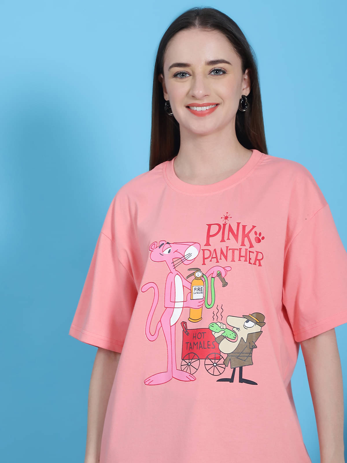 Fabflee Women Cotton Printed Oversized Fit Round Neck T-Shirt ( Pink )     			Fabflee Women Cotton Printed Oversized Fit Round Neck T-Shirt ( Pink )