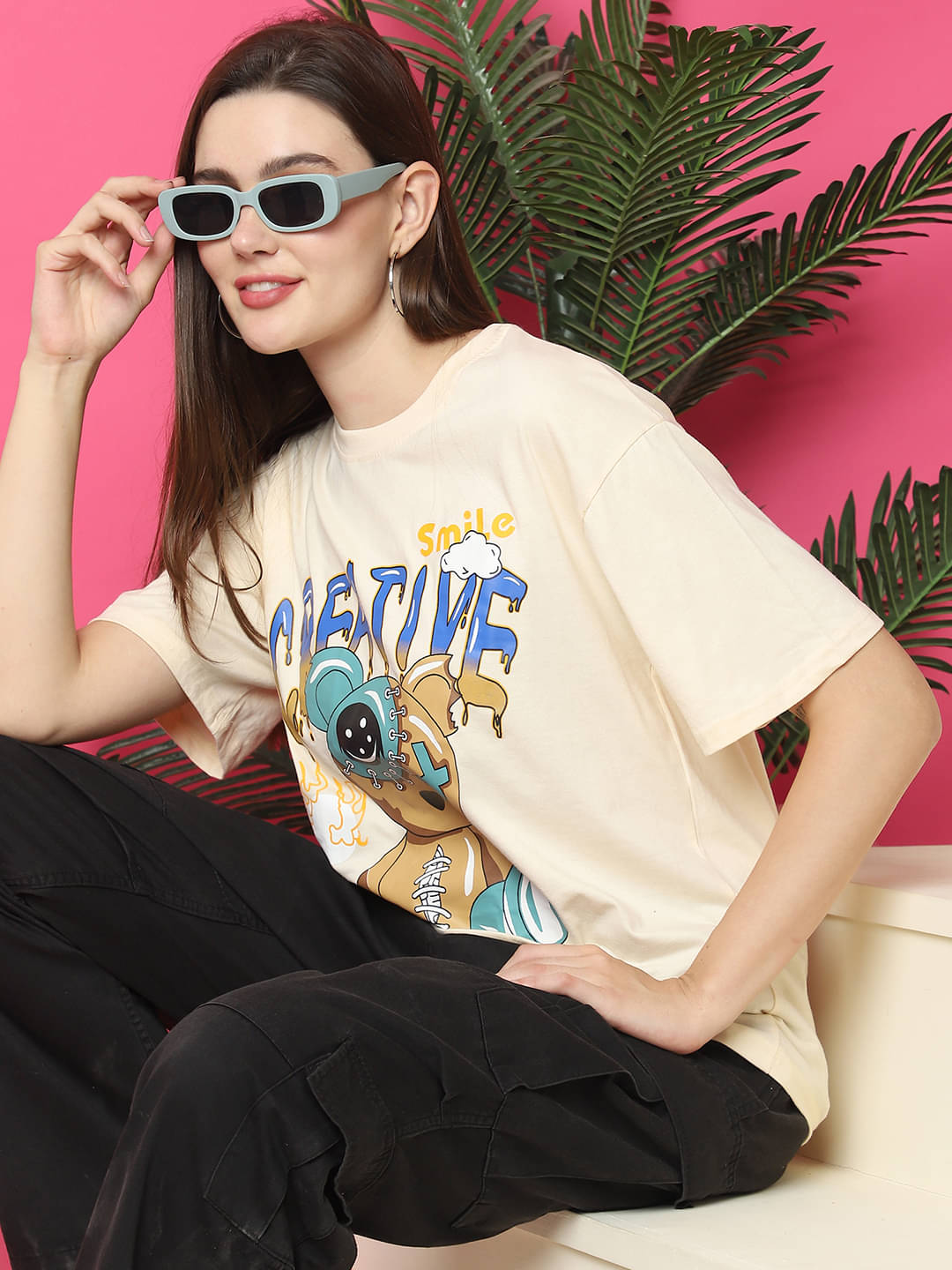     			Fabflee Women Cotton Printed Oversized Fit Round Neck T-Shirt ( Beige )