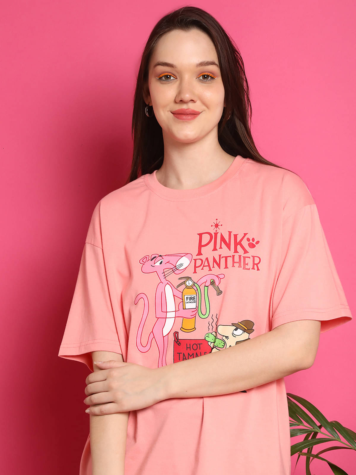 Fabflee Women Cotton Printed Oversized Fit Round Neck T-Shirt ( Pink )     			Fabflee Women Cotton Printed Oversized Fit Round Neck T-Shirt ( Pink )