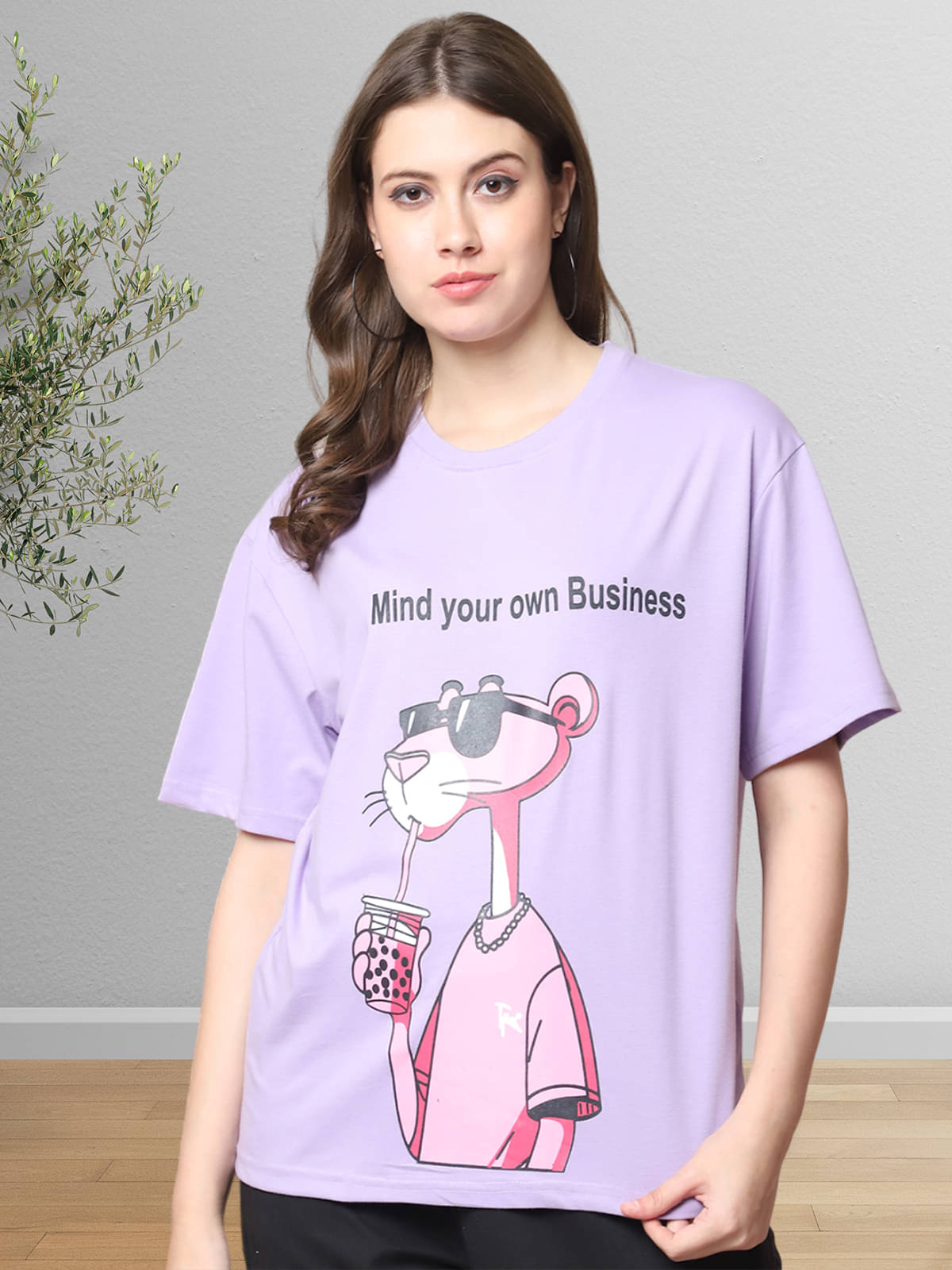 Fabflee Women Cotton Printed Oversized Fit Round Neck T-Shirt ( Purple )     			Fabflee Women Cotton Printed Oversized Fit Round Neck T-Shirt ( Purple )