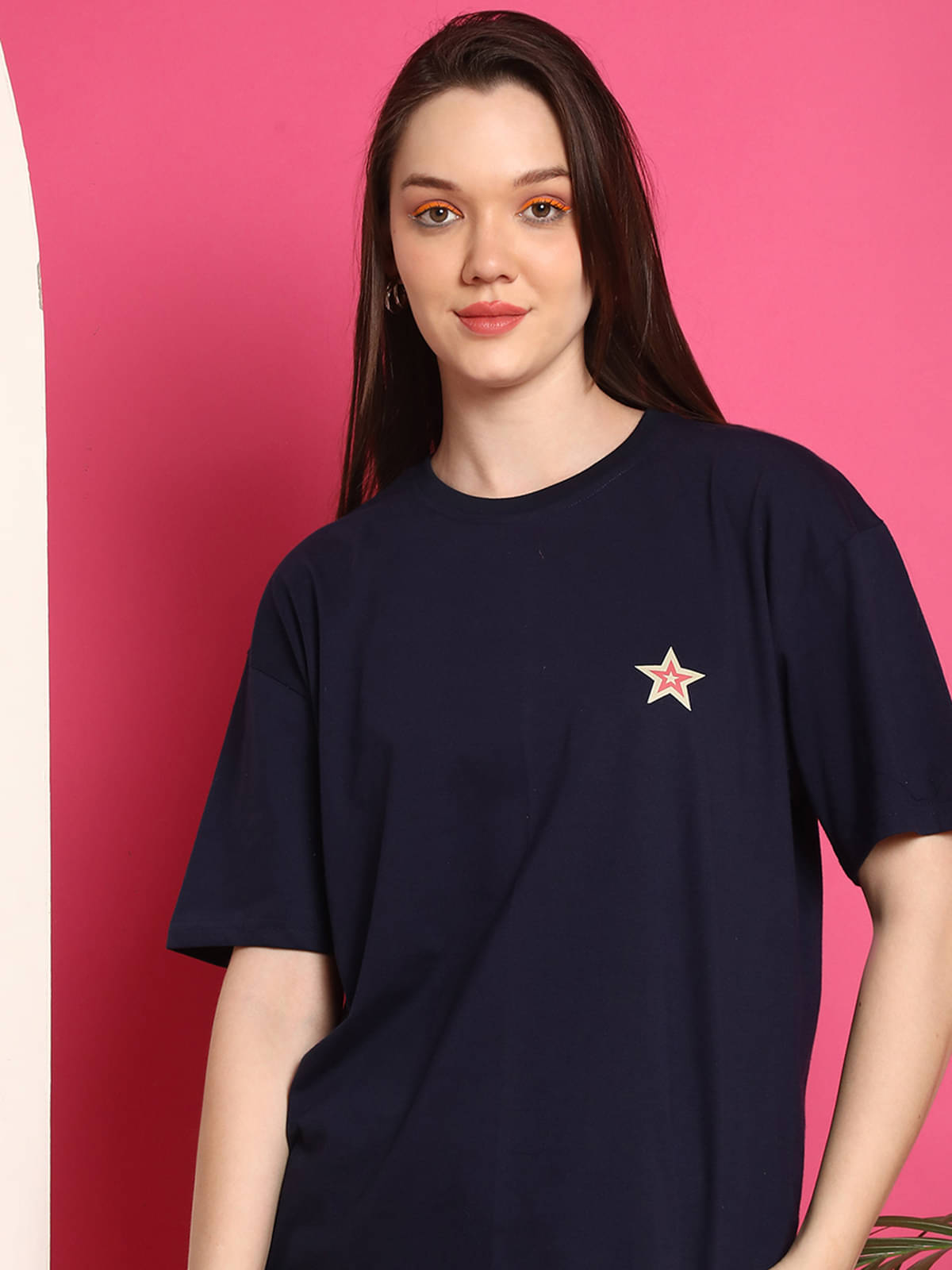 Fabflee Women Cotton Printed Oversized Fit Round Neck T-Shirt ( Navy Blue )     			Fabflee Women Cotton Printed Oversized Fit Round Neck T-Shirt ( Navy Blue )