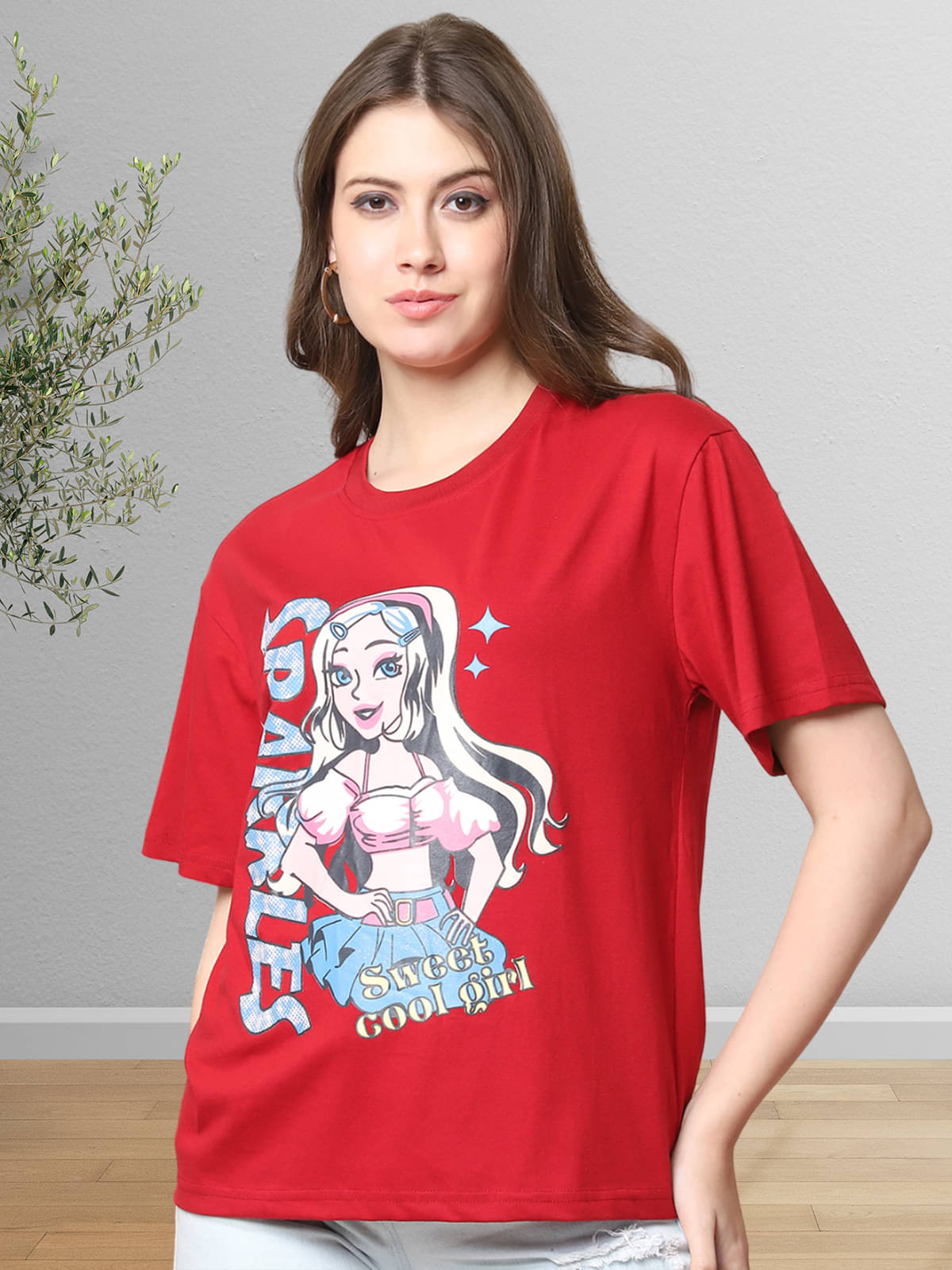     			Fabflee Women Cotton Printed Oversized Fit Round Neck T-Shirt ( Red )