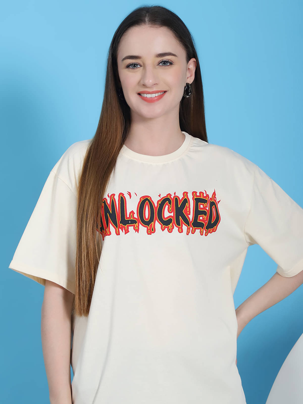     			Fabflee Women Cotton Printed Oversized Fit Round Neck T-Shirt ( Beige )