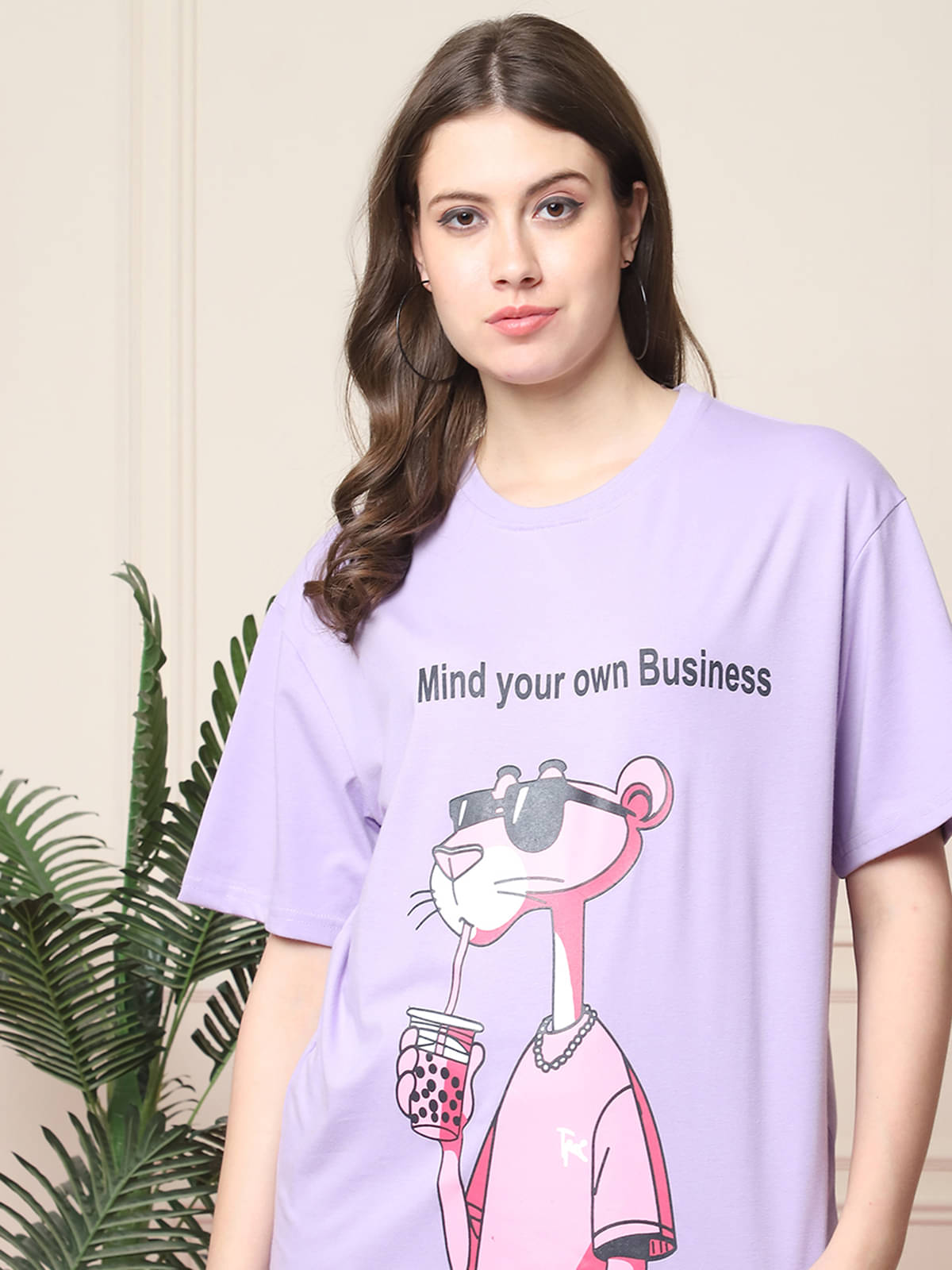 Fabflee Women Cotton Printed Oversized Fit Round Neck T-Shirt ( Purple ) Fabflee Women Cotton Printed Oversized Fit Round Neck T-Shirt ( Purple )
