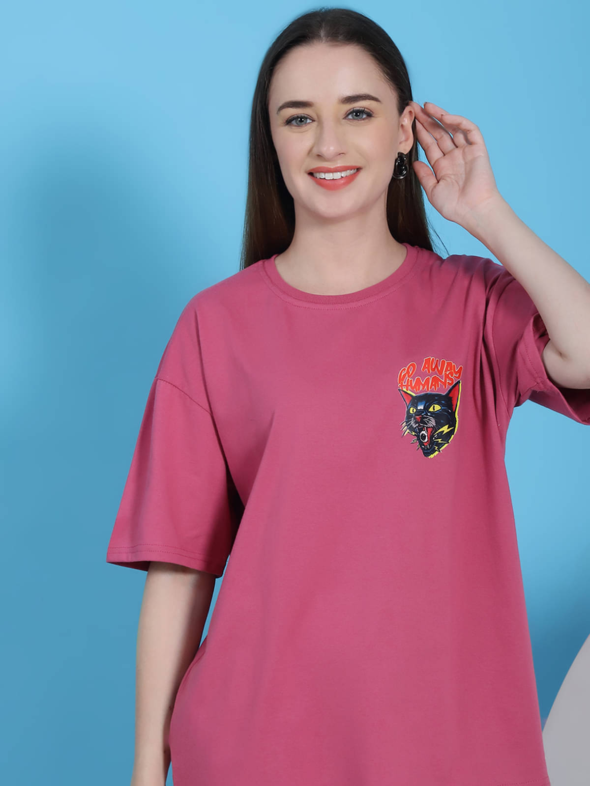 Fabflee Women Cotton Printed Oversized Fit Round Neck T-Shirt ( Pink ) Fabflee Women Cotton Printed Oversized Fit Round Neck T-Shirt ( Pink )