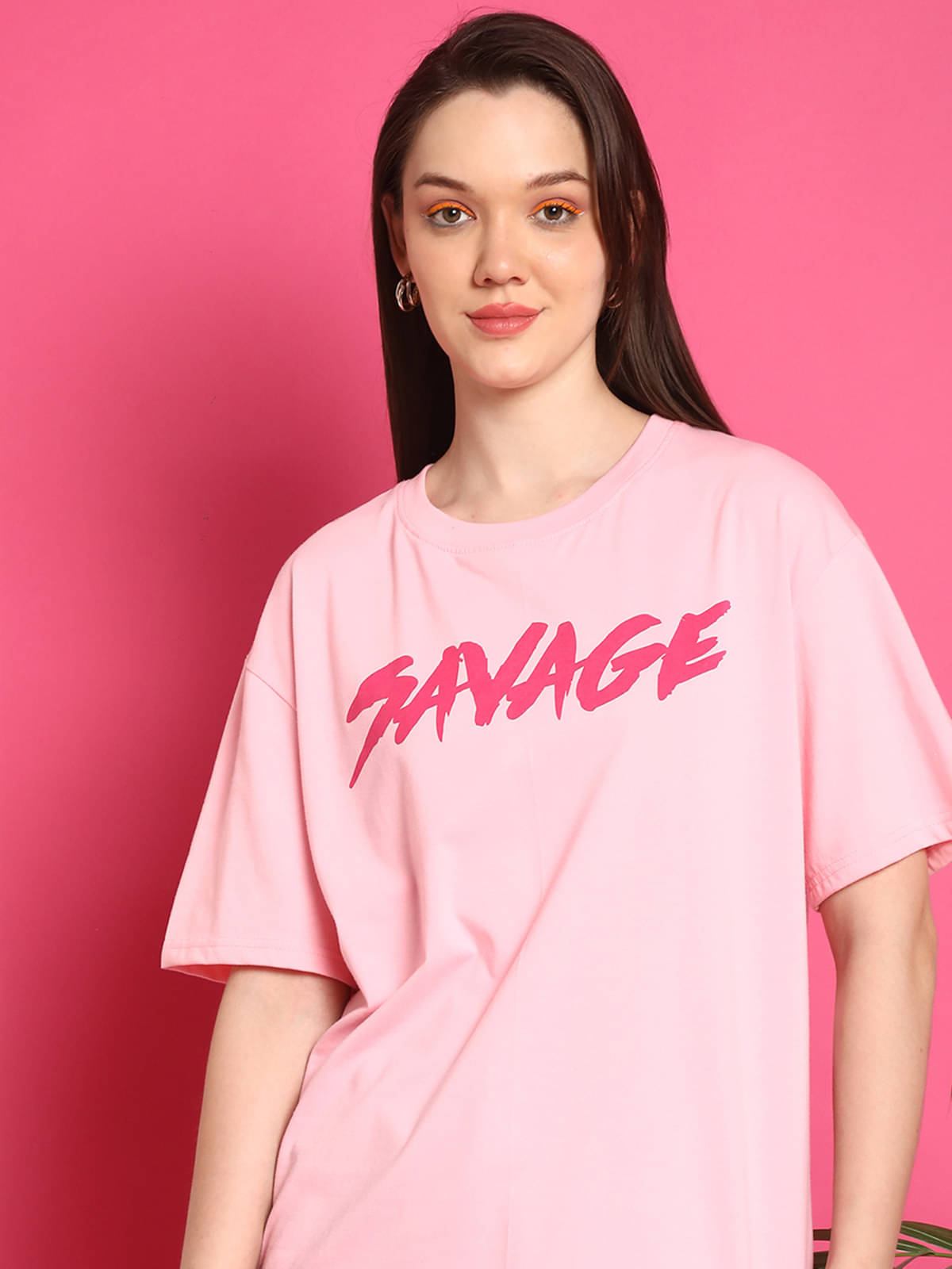 Fabflee Women Cotton Printed Oversized Fit Round Neck T-Shirt ( Pink ) Fabflee Women Cotton Printed Oversized Fit Round Neck T-Shirt ( Pink )