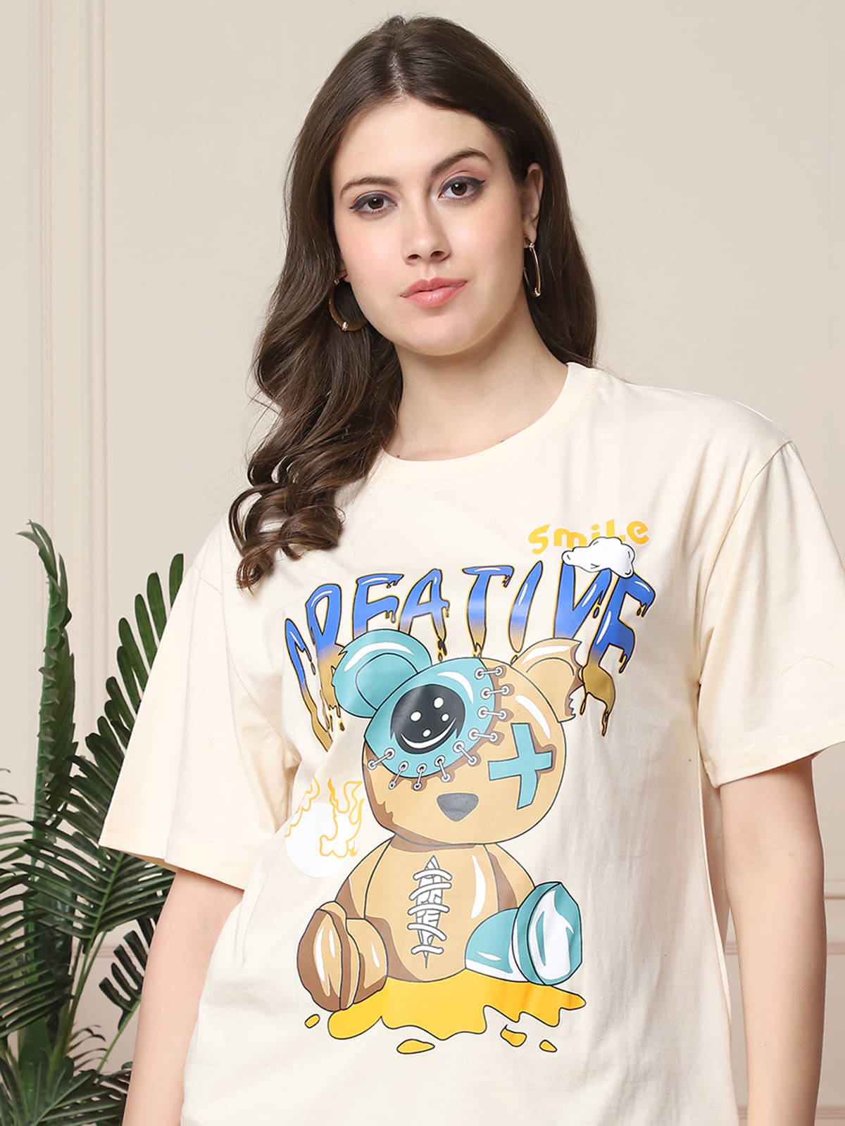     			Fabflee Women Cotton Printed Oversized Fit Round Neck T-Shirt ( Beige )