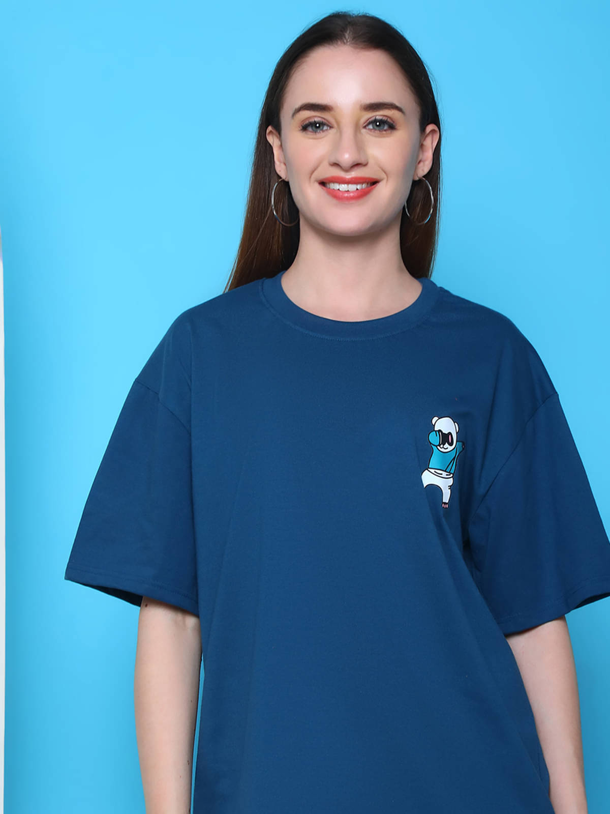     			Fabflee Women Cotton Printed Oversized Fit Round Neck T-Shirt ( Blue )