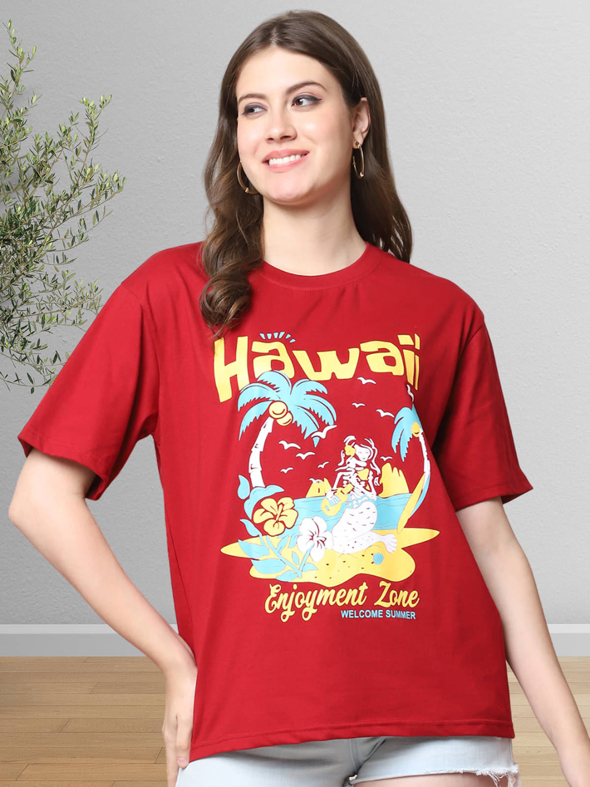 Fabflee Women Cotton Printed Oversized Fit Round Neck T-Shirt ( Red ) Fabflee Women Cotton Printed Oversized Fit Round Neck T-Shirt ( Red )
