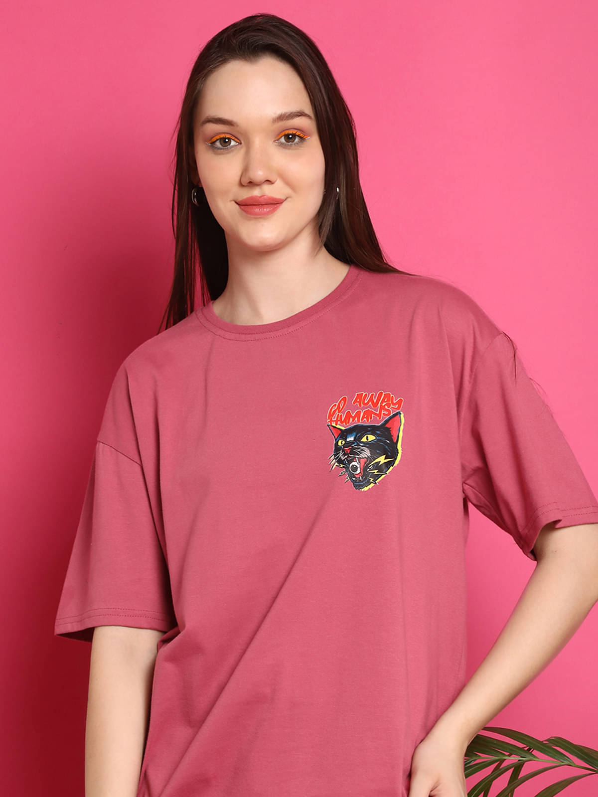     			Fabflee Women Cotton Printed Oversized Fit Round Neck T-Shirt ( Pink )