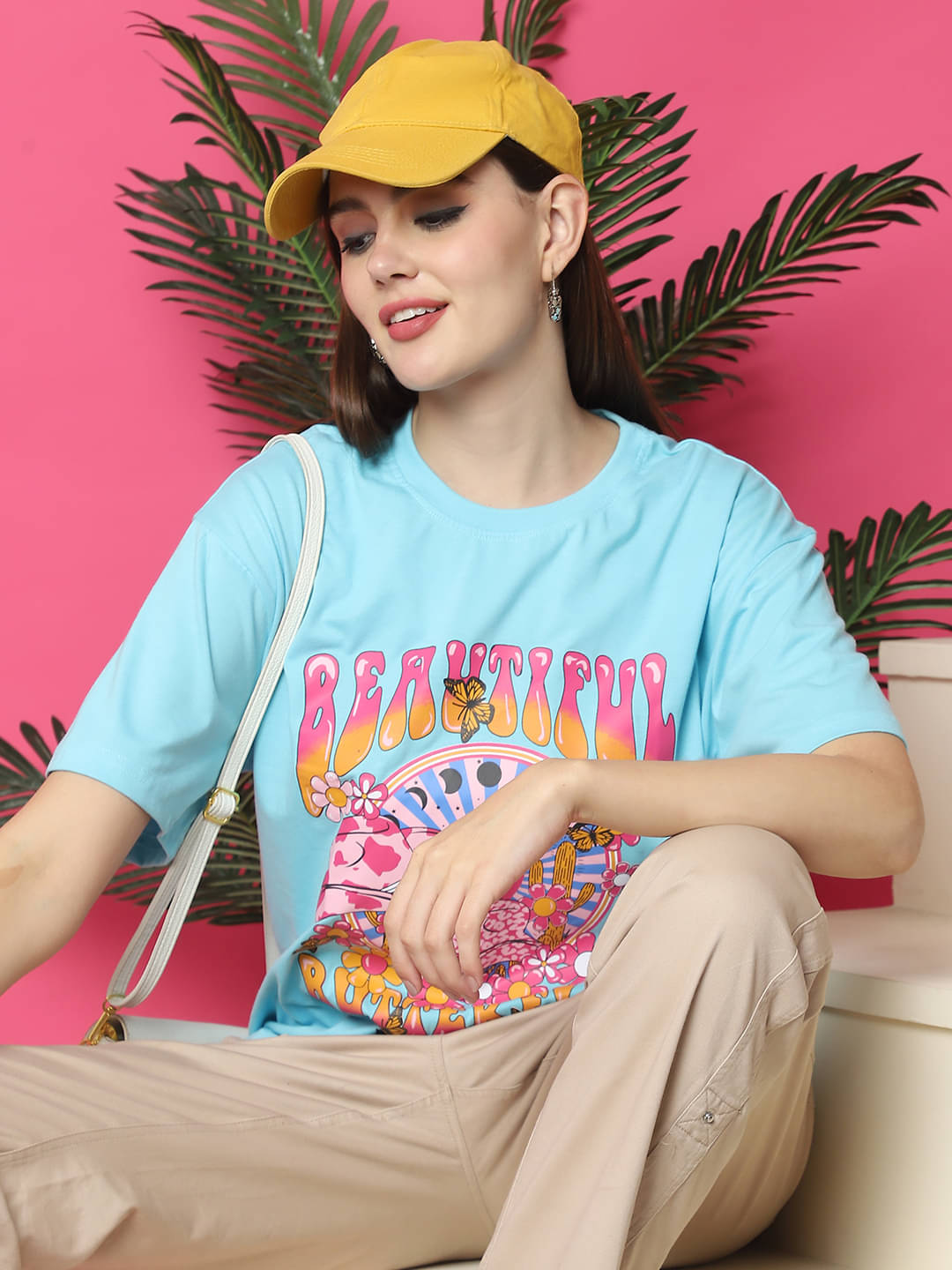     			Fabflee Women Cotton Printed Oversized Fit Round Neck T-Shirt ( Light Blue )