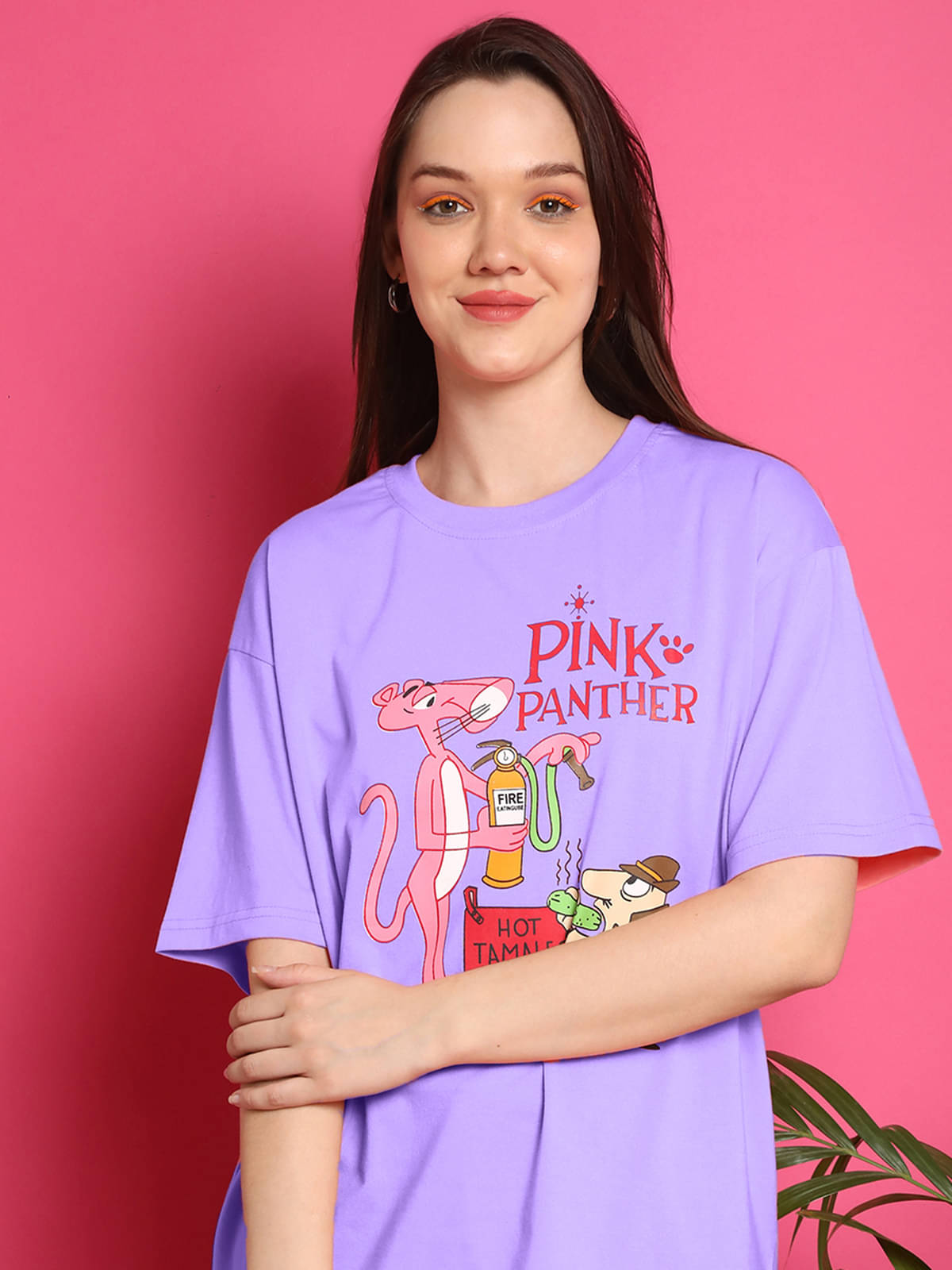     			Fabflee Women Cotton Printed Oversized Fit Round Neck T-Shirt ( Purple )