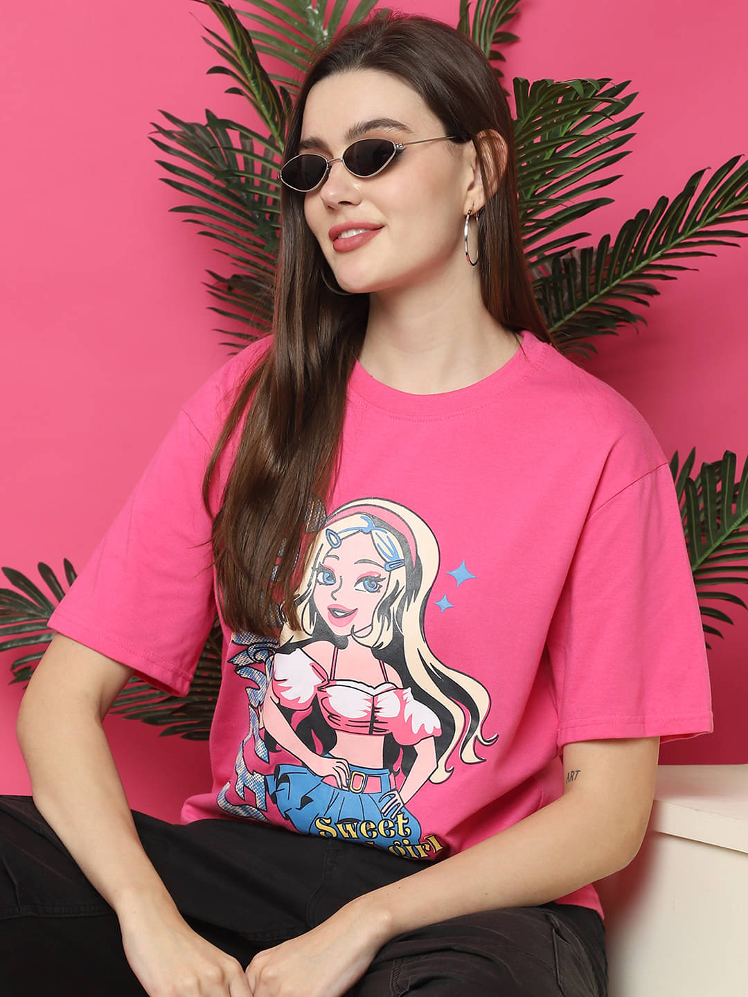     			Fabflee Women Cotton Printed Oversized Fit Round Neck T-Shirt ( Pink )