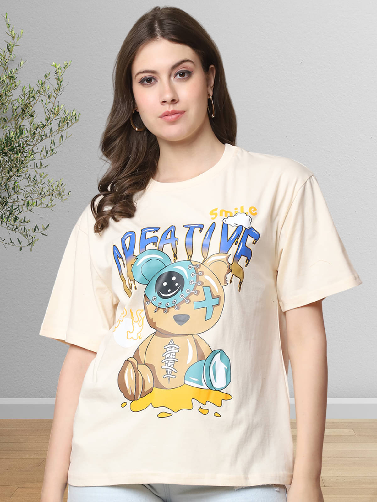     			Fabflee Women Cotton Printed Oversized Fit Round Neck T-Shirt ( Beige )