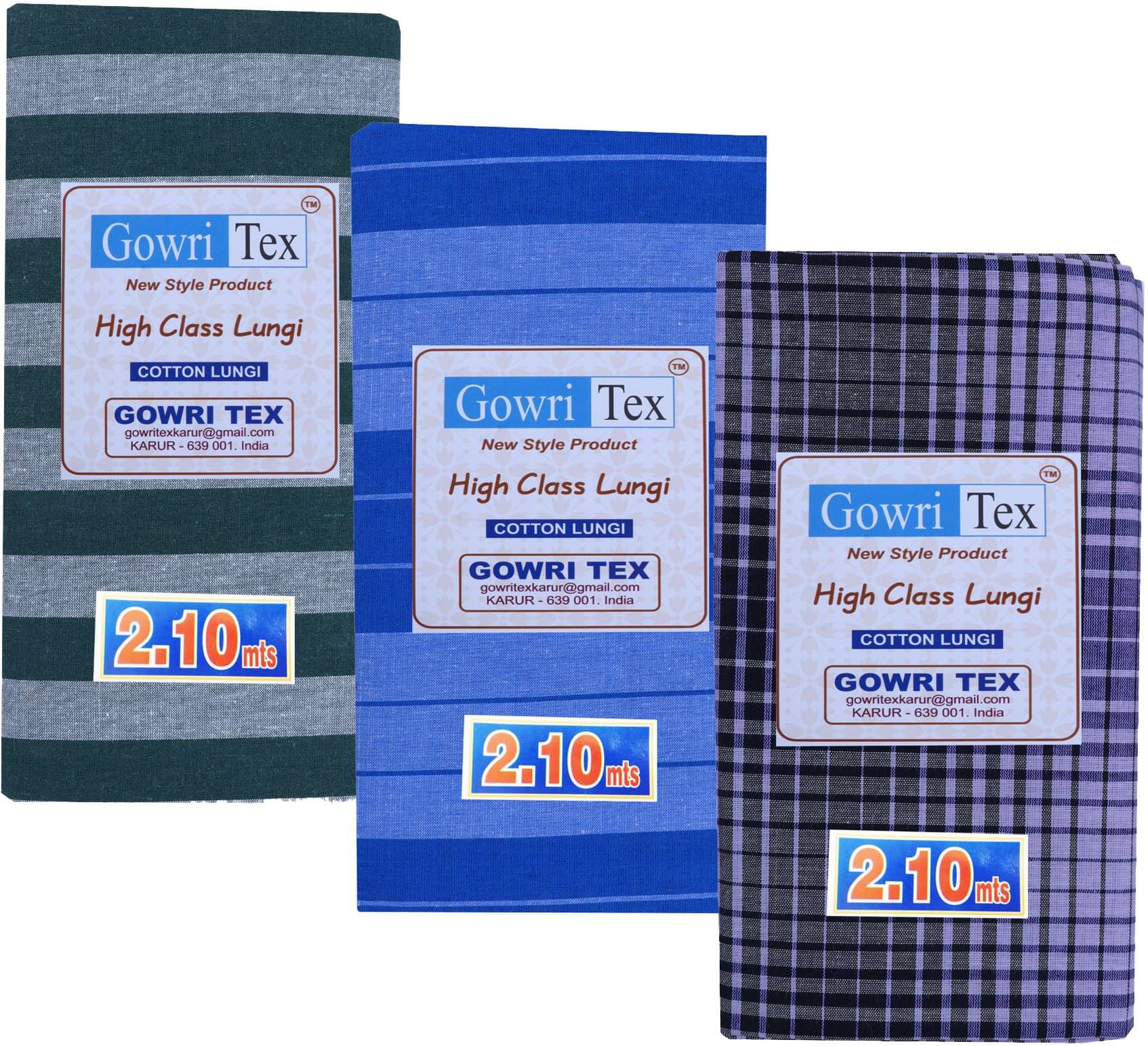 GOWRI TEX Cotton Blend Men's Lungi Blue ( Pack of 3 )     			GOWRI TEX Cotton Blend Men's Lungi Blue ( Pack of 3 )