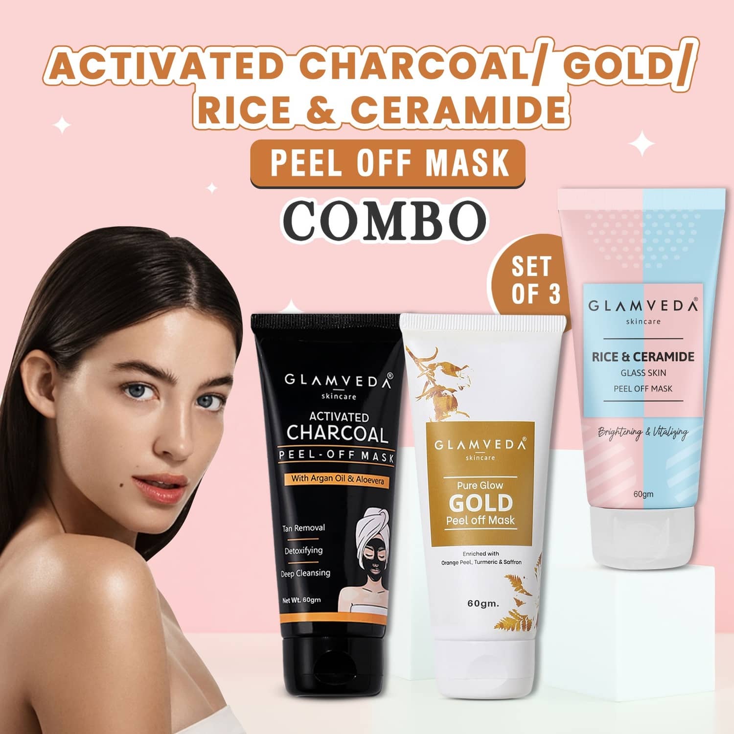 Glamveda Activate Charcoal, Rice & Ceramide & Gold Peel Off Mask, Remove Blackhead, Whitehead, 60g each (Pack of 3)