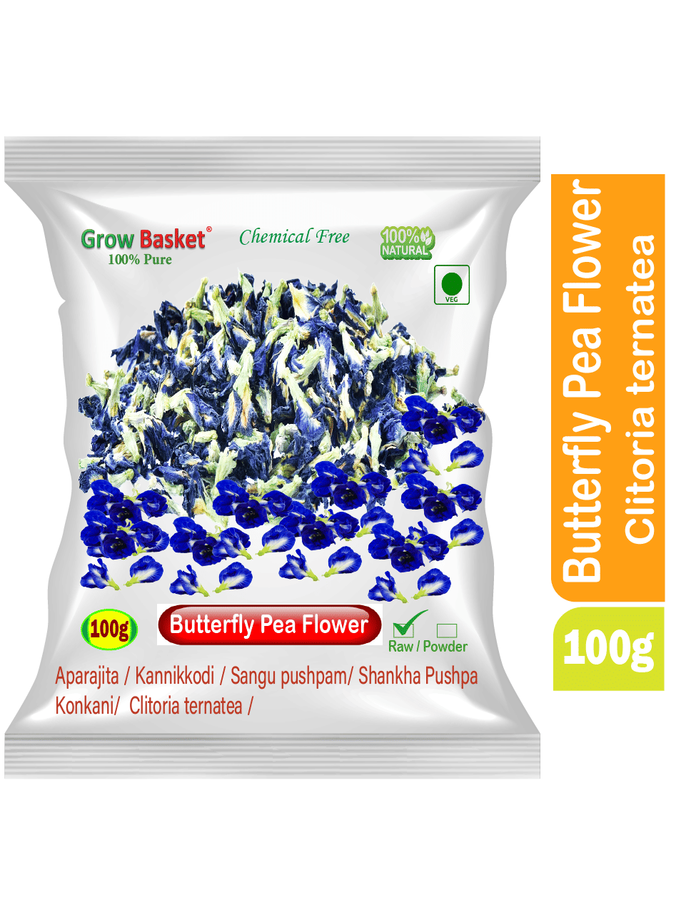 Grow Basket Dried Butterfly Pea Flower Tea Loose Leaf 100 gm     			Grow Basket Dried Butterfly Pea Flower Tea Loose Leaf 100 gm