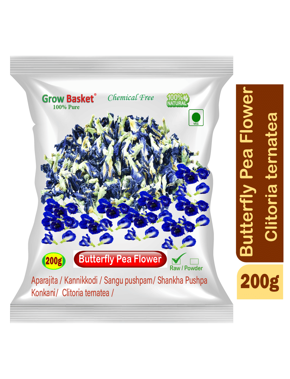 Grow Basket Dried Butterfly Pea Flower Tea Loose Leaf 200 gm     			Grow Basket Dried Butterfly Pea Flower Tea Loose Leaf 200 gm